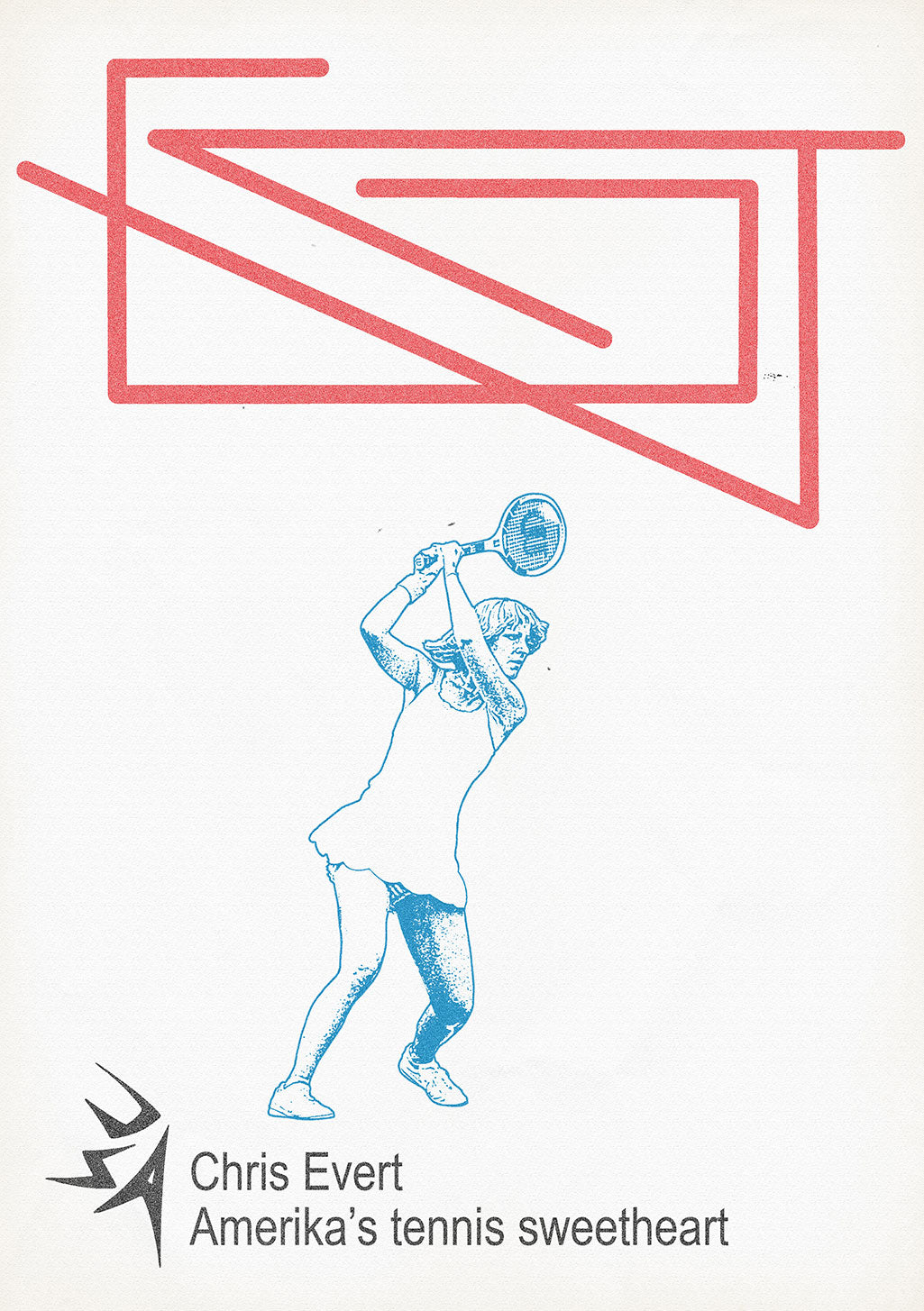 Illustration de tennis, Chris Evert, cœur du tennis américain, raquette, action, lignes rouges, blanc et bleu