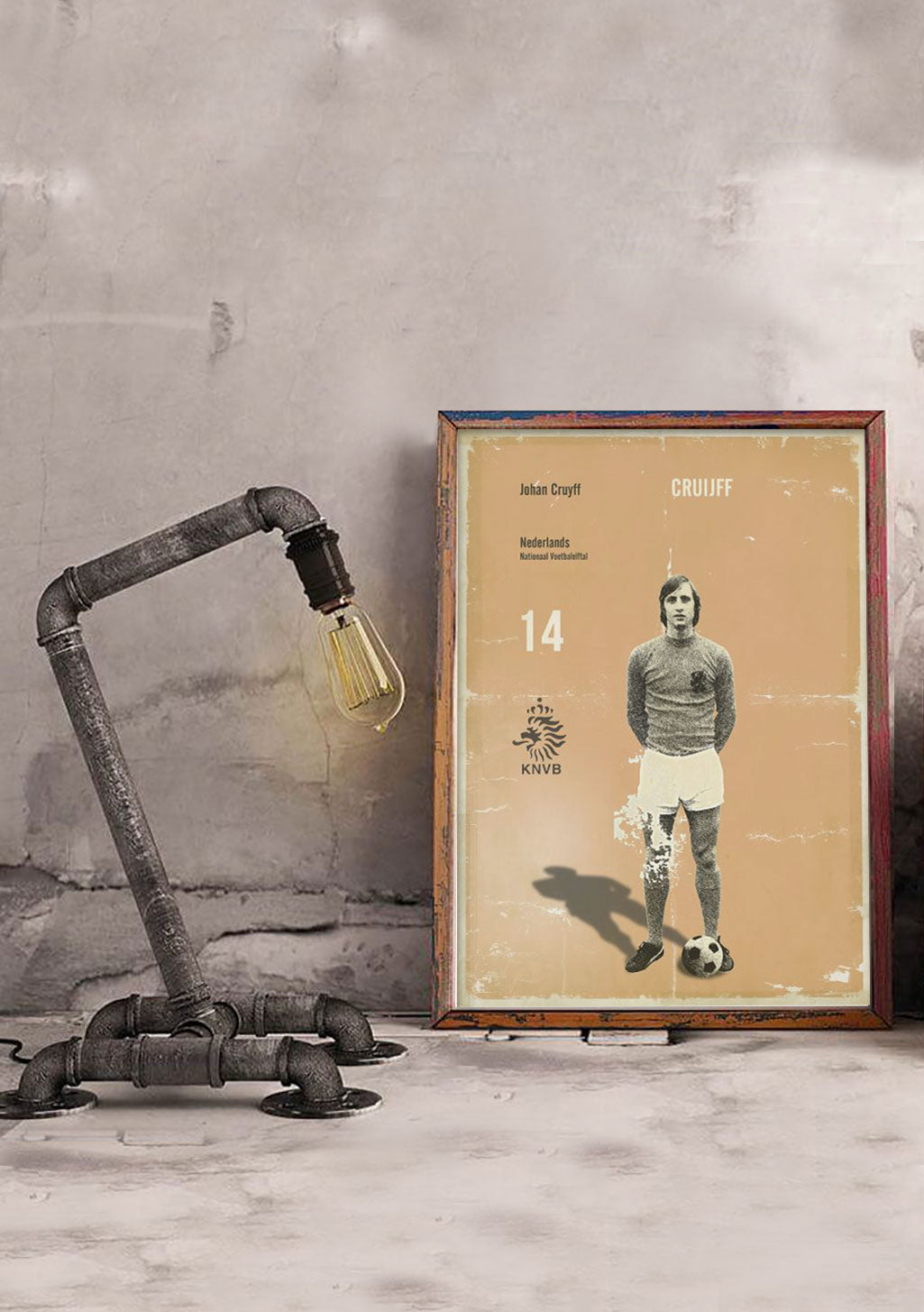 Poster de football avec joueur, numéro 14, KNVB, Pays-Bas, vintage, cadre en bois