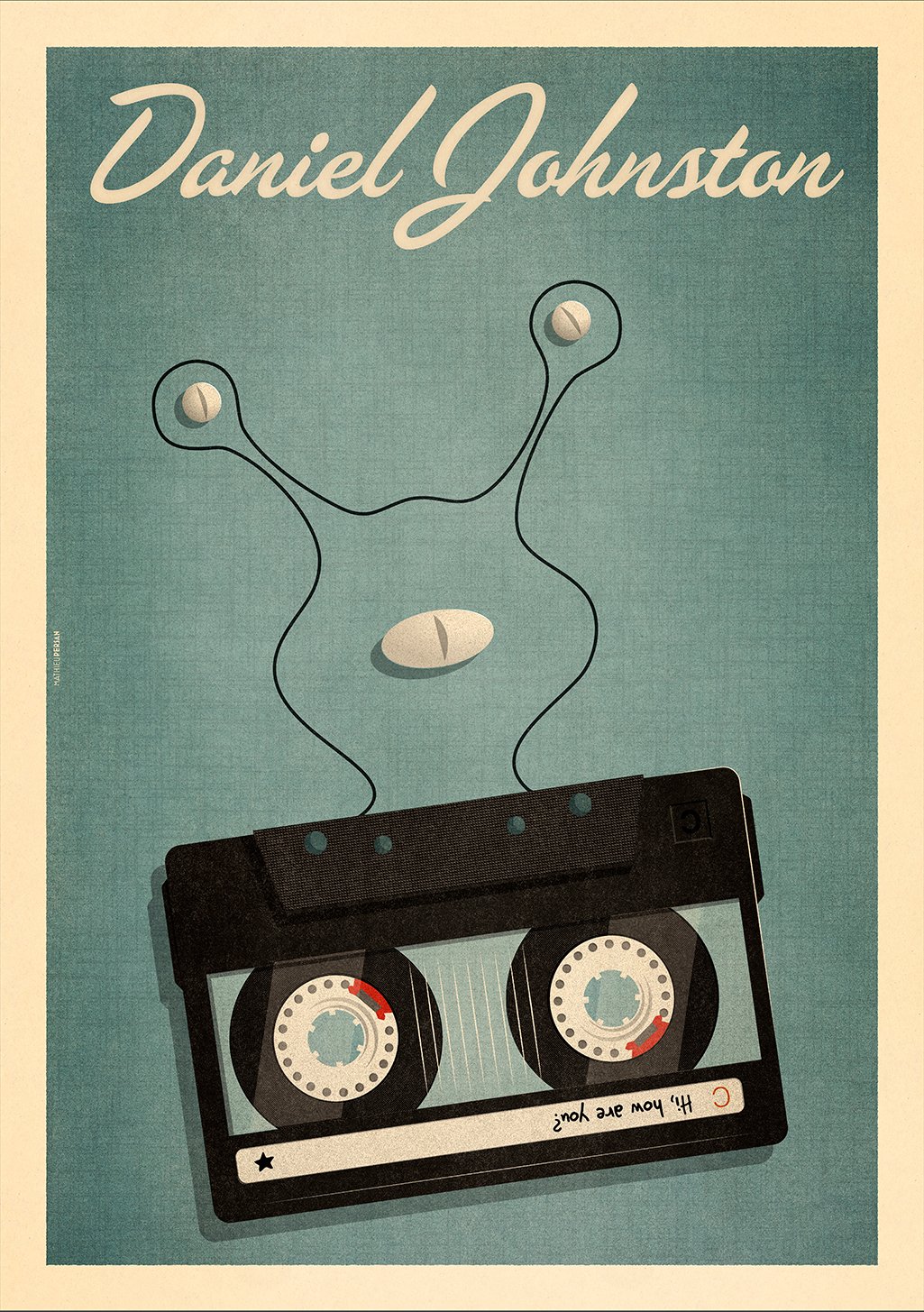 Illustration de cassette audio avec écouteurs, nom Daniel Johnston, fond vert.