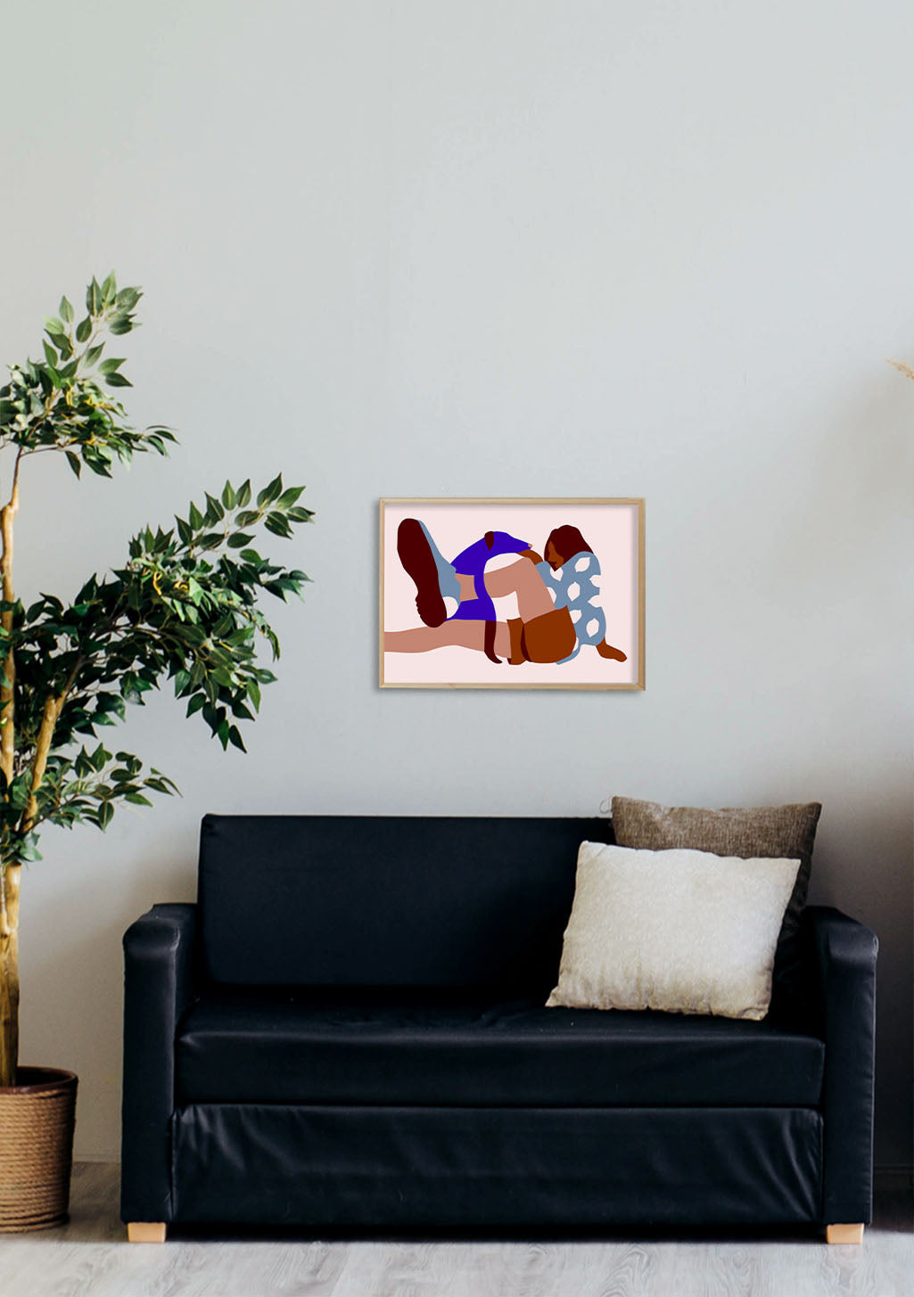 Art abstrait, figures colorées, position assise, cadre en bois