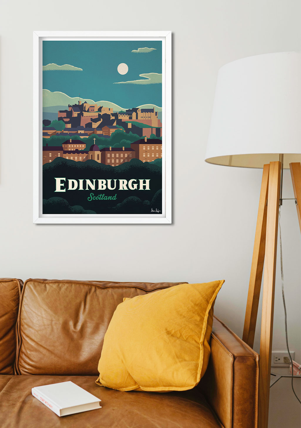 Poster d'Edimbourg, Écosse, ville, château, lune, ciel bleu, bâtiments, vintage