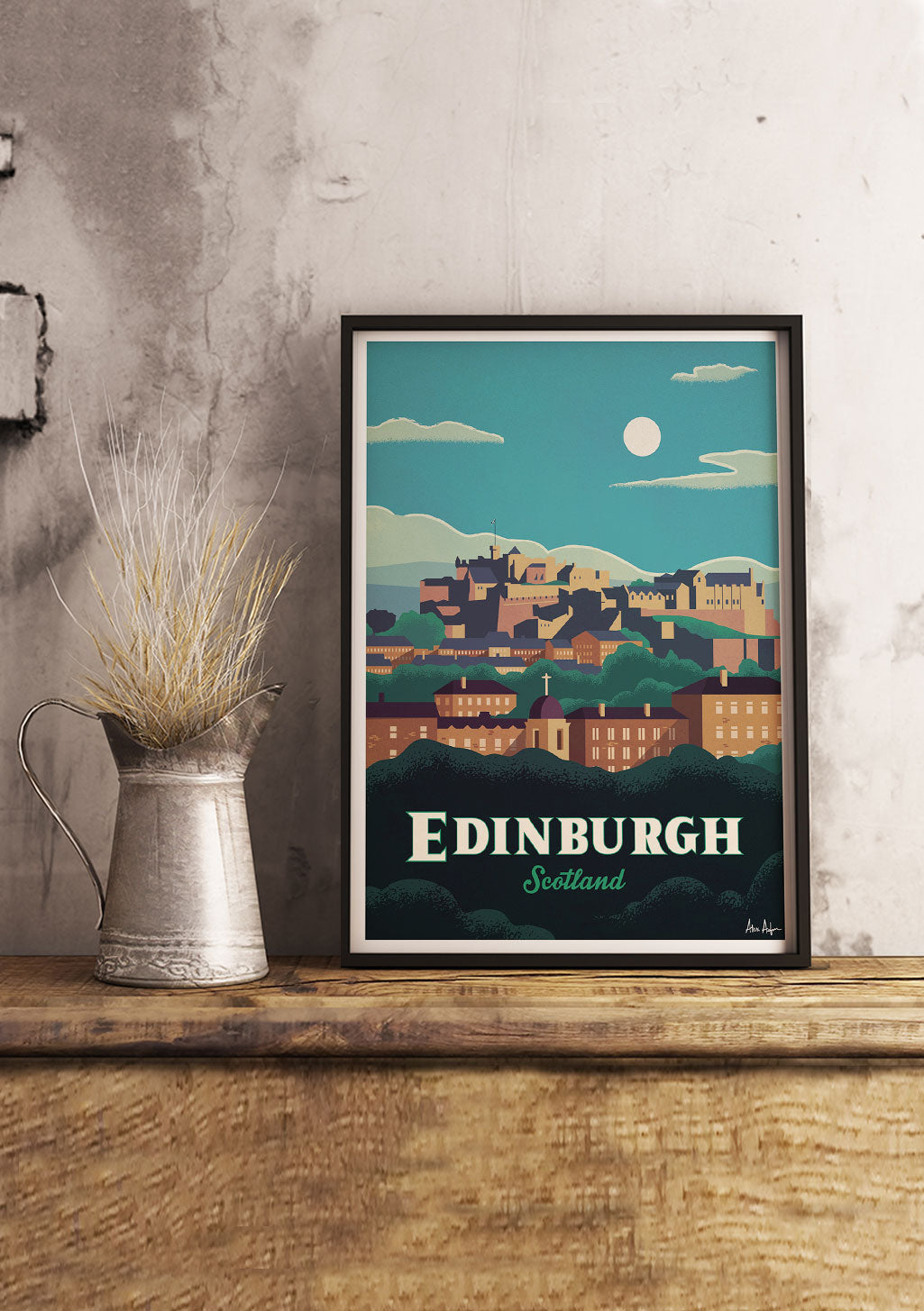 Poster d'Edimbourg, Écosse, ville, château, ciel bleu, lune, bâtiments, vintage