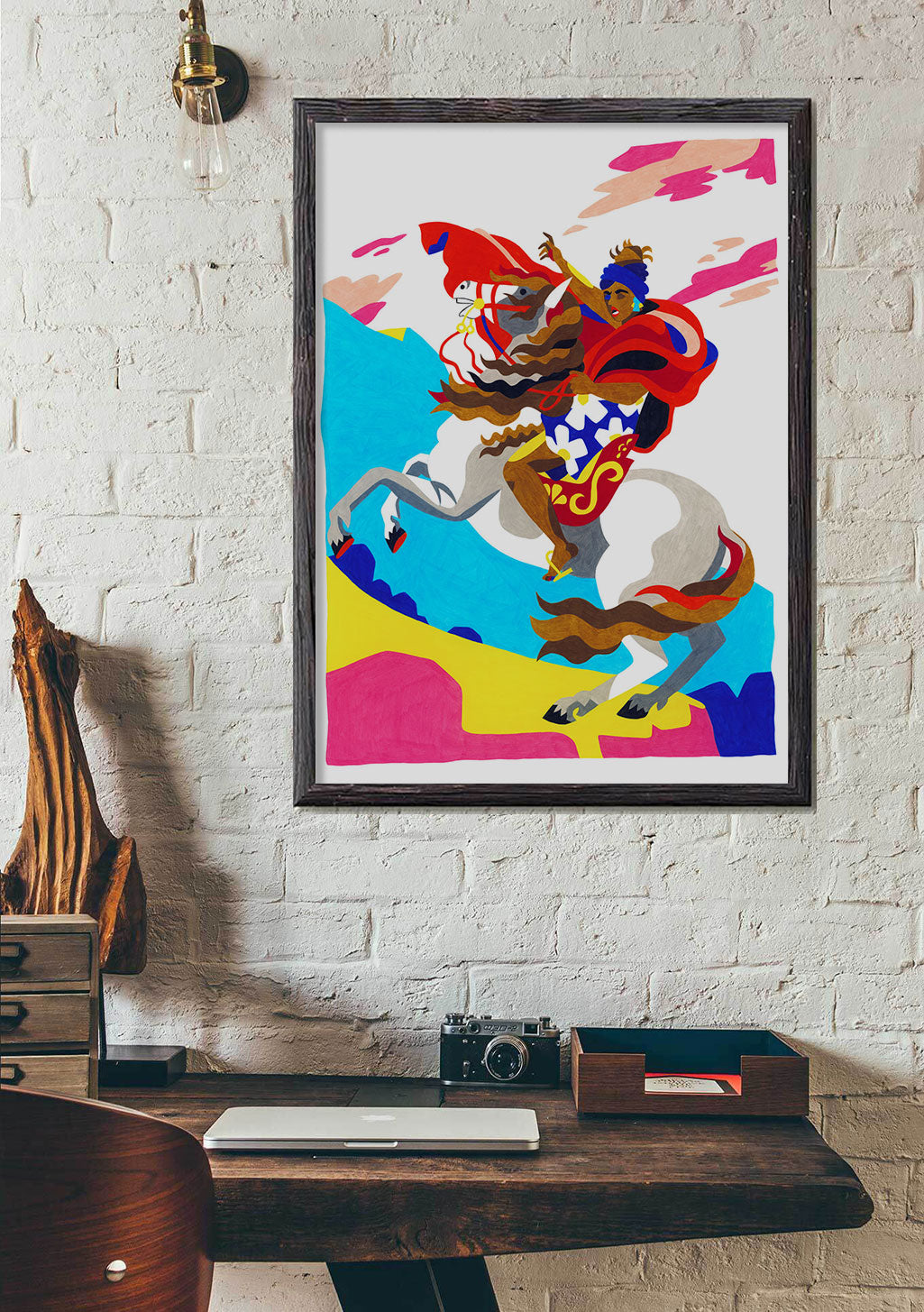 Art abstrait coloré, cavalier sur cheval, arrière-plan géométrique