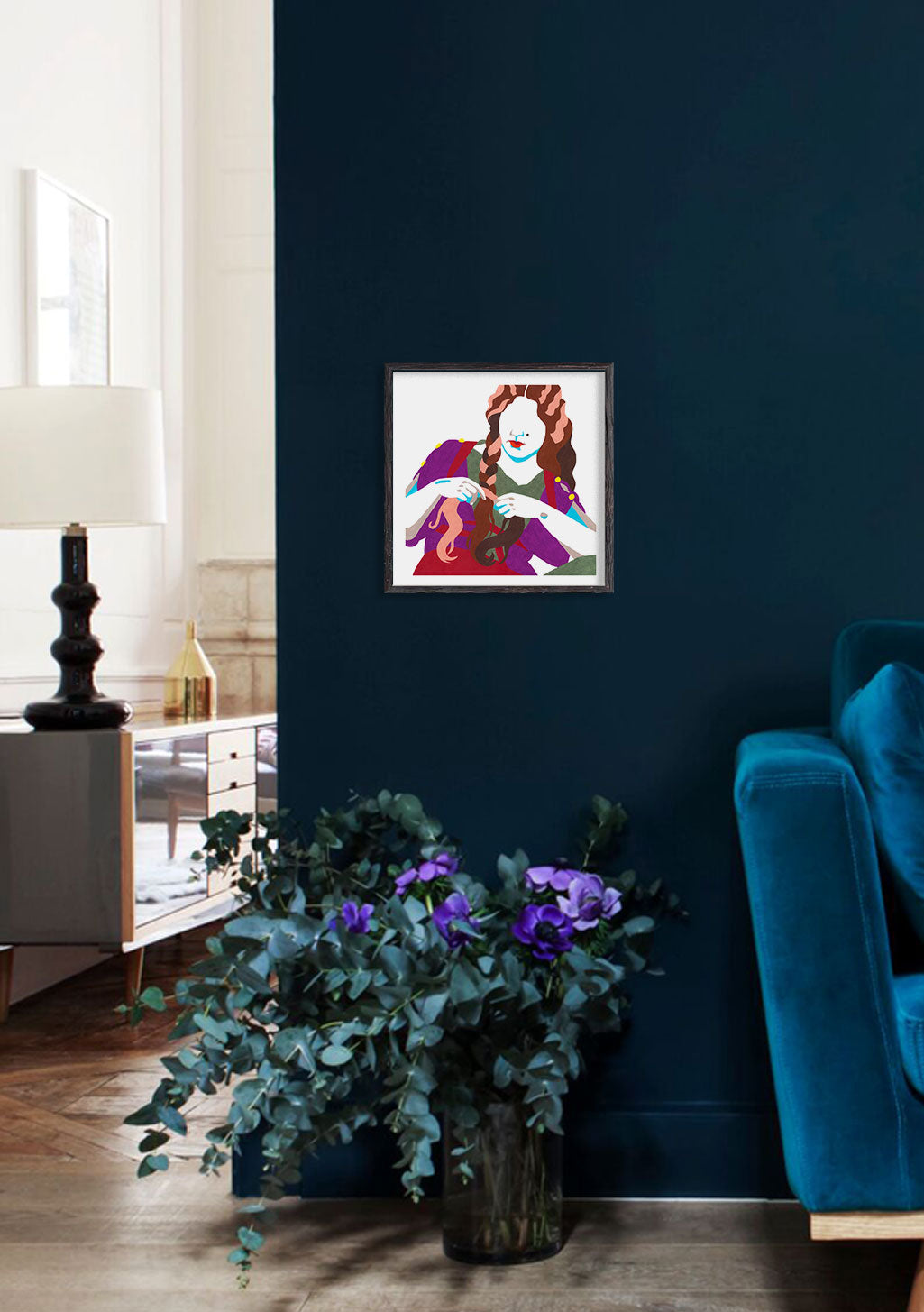 Femme aux cheveux longs, couleurs vives, style abstrait