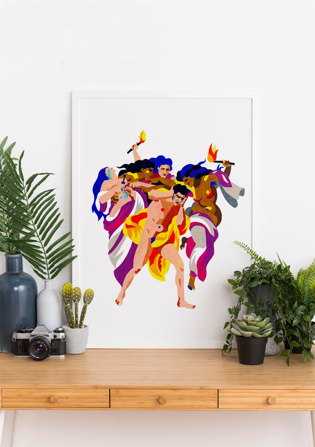 Art abstrait coloré, figures stylisées, scène dynamique