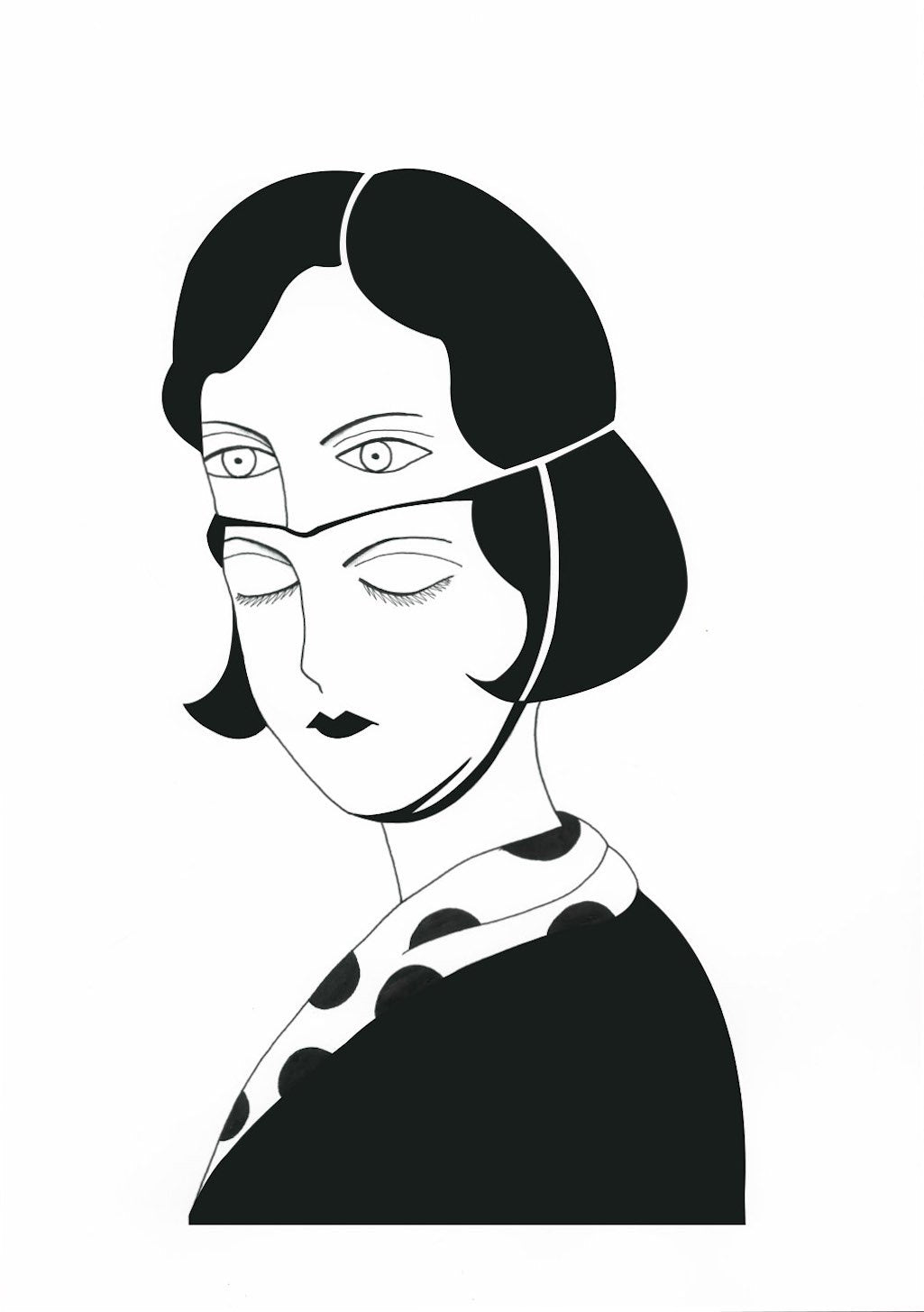 Illustration en noir et blanc d'une femme avec des yeux multiples