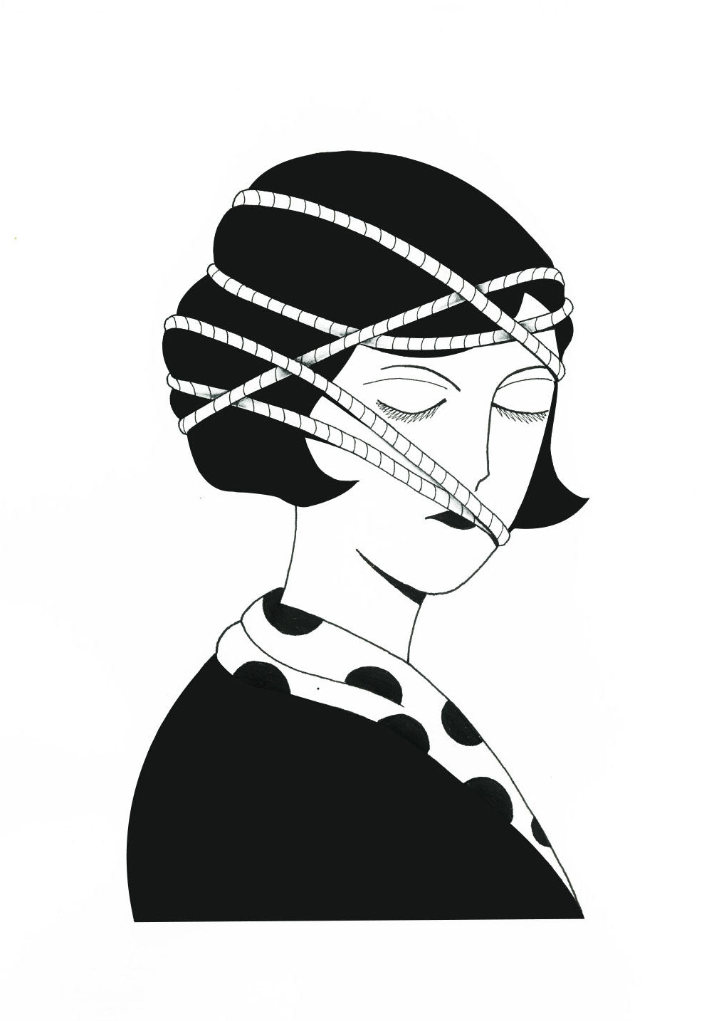 Femme stylisée, bandeau, yeux fermés, motif en pois, dessin en noir et blanc