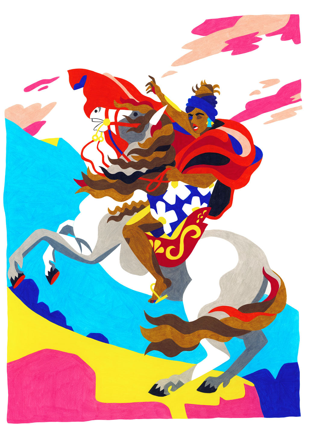 Artiste à cheval, couleurs vives, scène dynamique, vêtements traditionnels