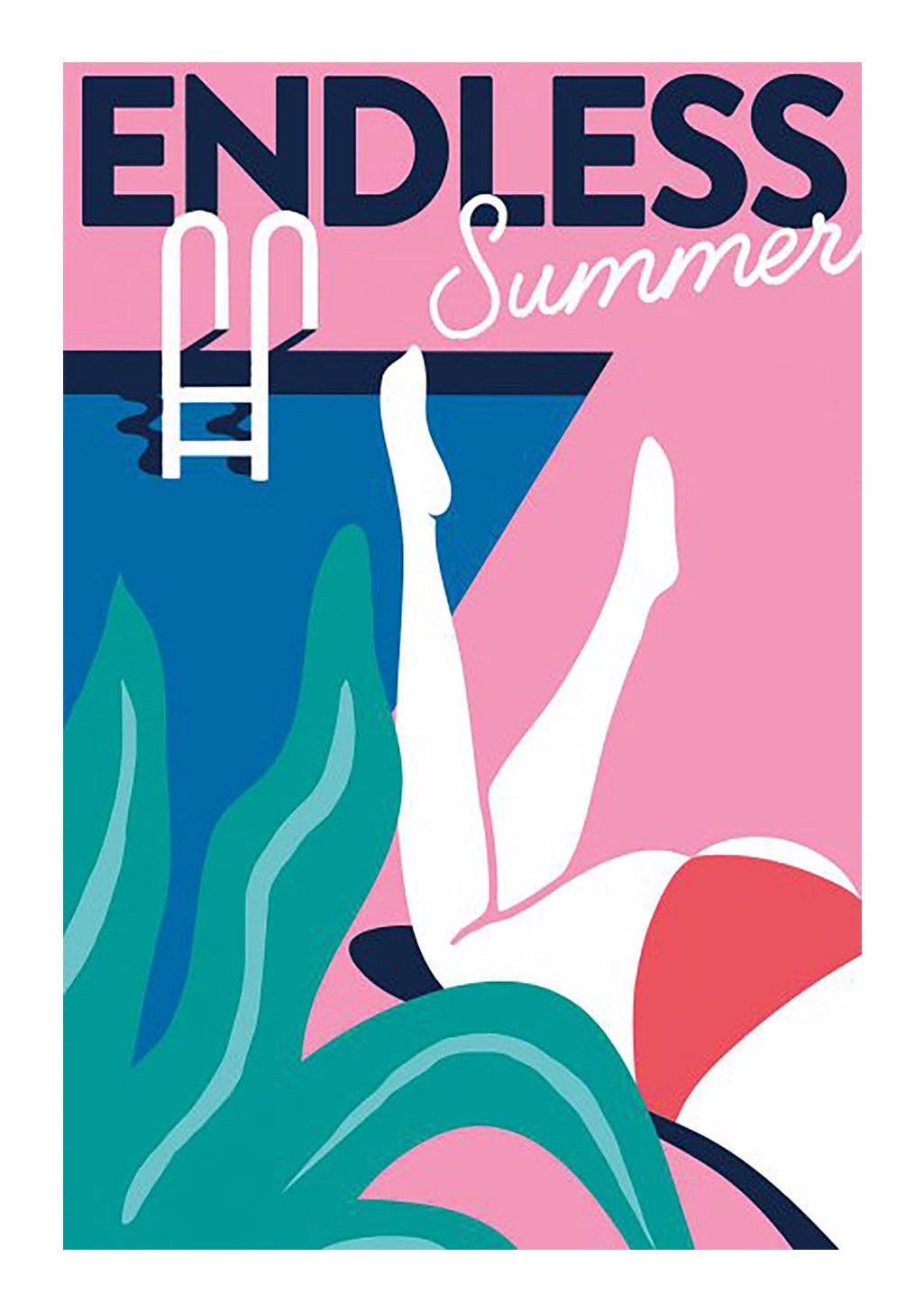 Poster de l'été sans fin avec une personne dans l'eau, plantes vertes, texte stylisé
