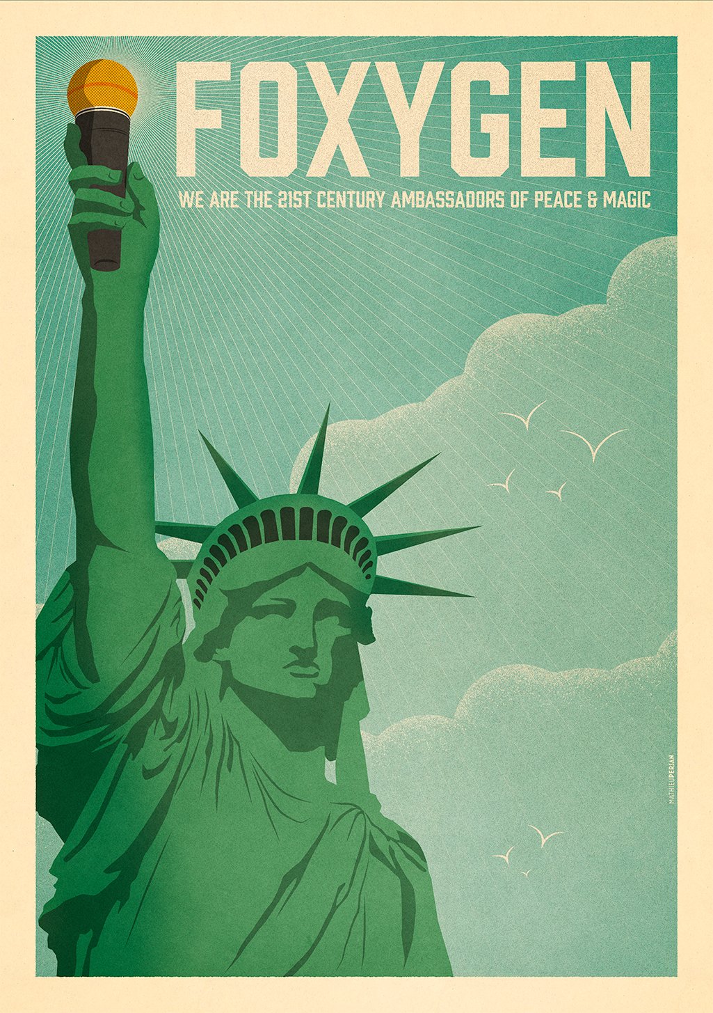 Statue de la Liberté, texte "FOXYGEN", ambassadeurs de paix et de magie