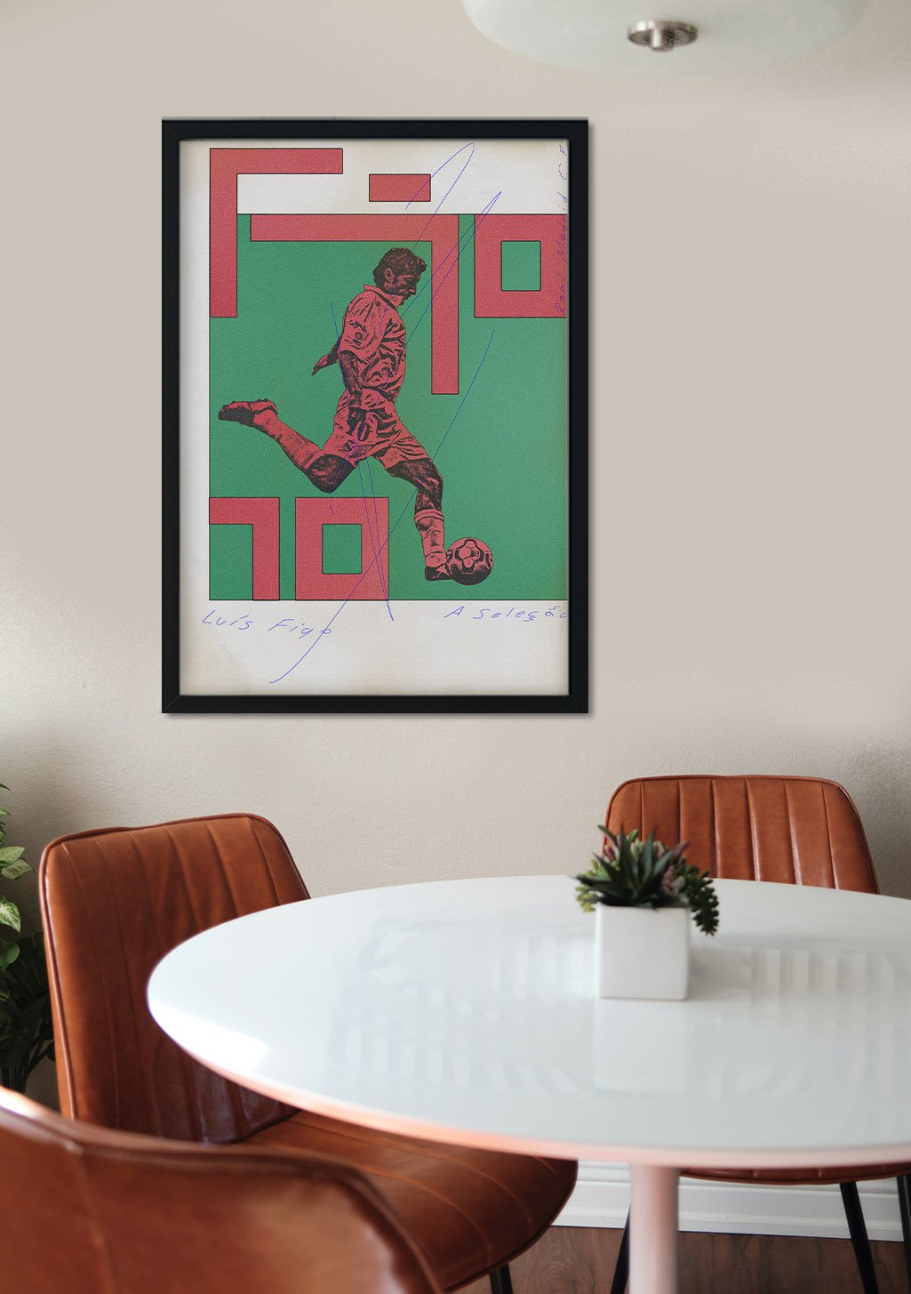 Art abstrait rouge et vert, joueur de football stylisé, Luis Figo