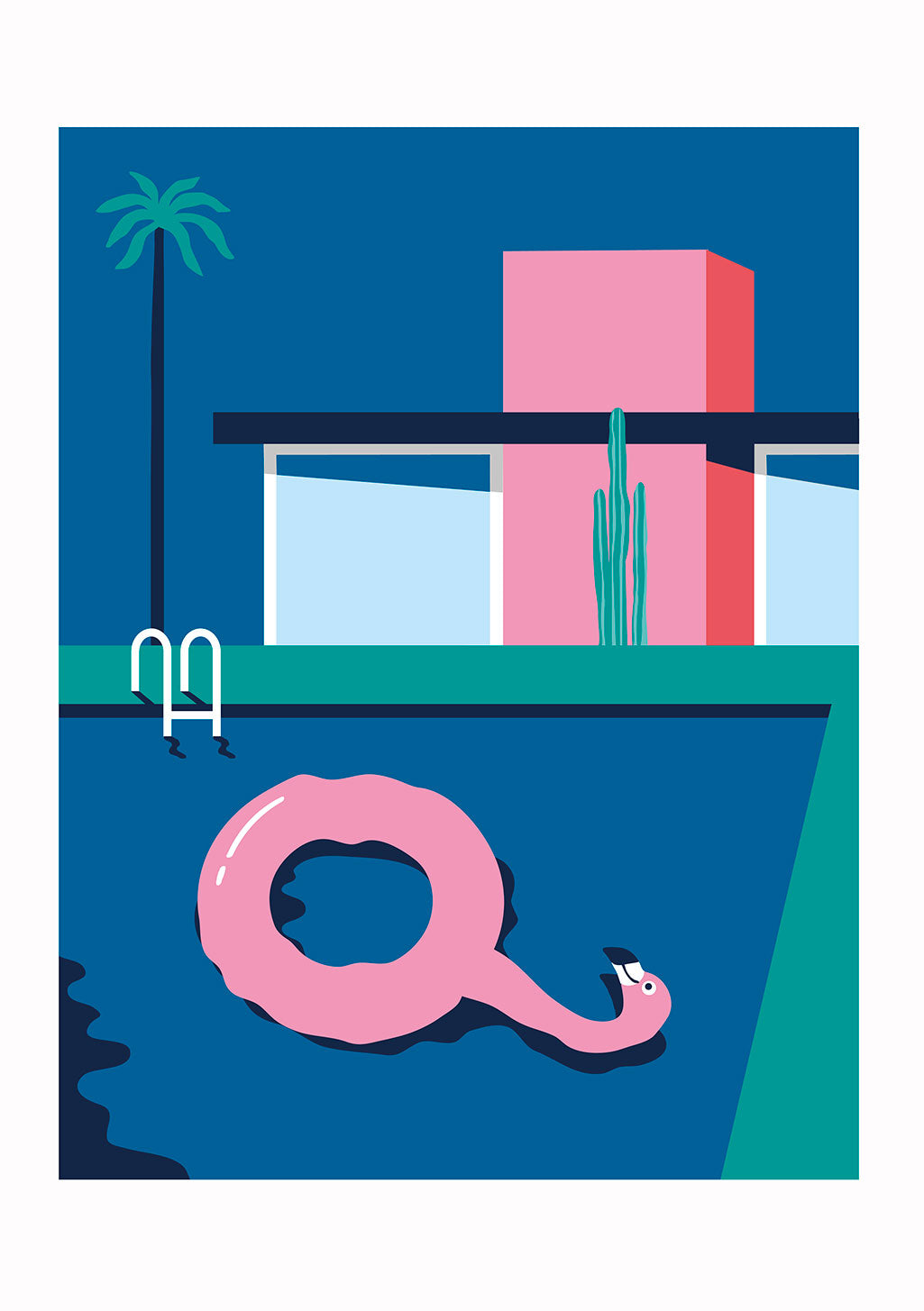 Illustration stylisée de piscine avec flamant rose et palmiers