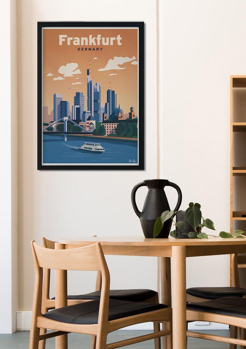 Frankfurt, Allemagne, ville, skyline, rivière, bateau, coucher de soleil, vintage, cadre, mur, maison, décoration