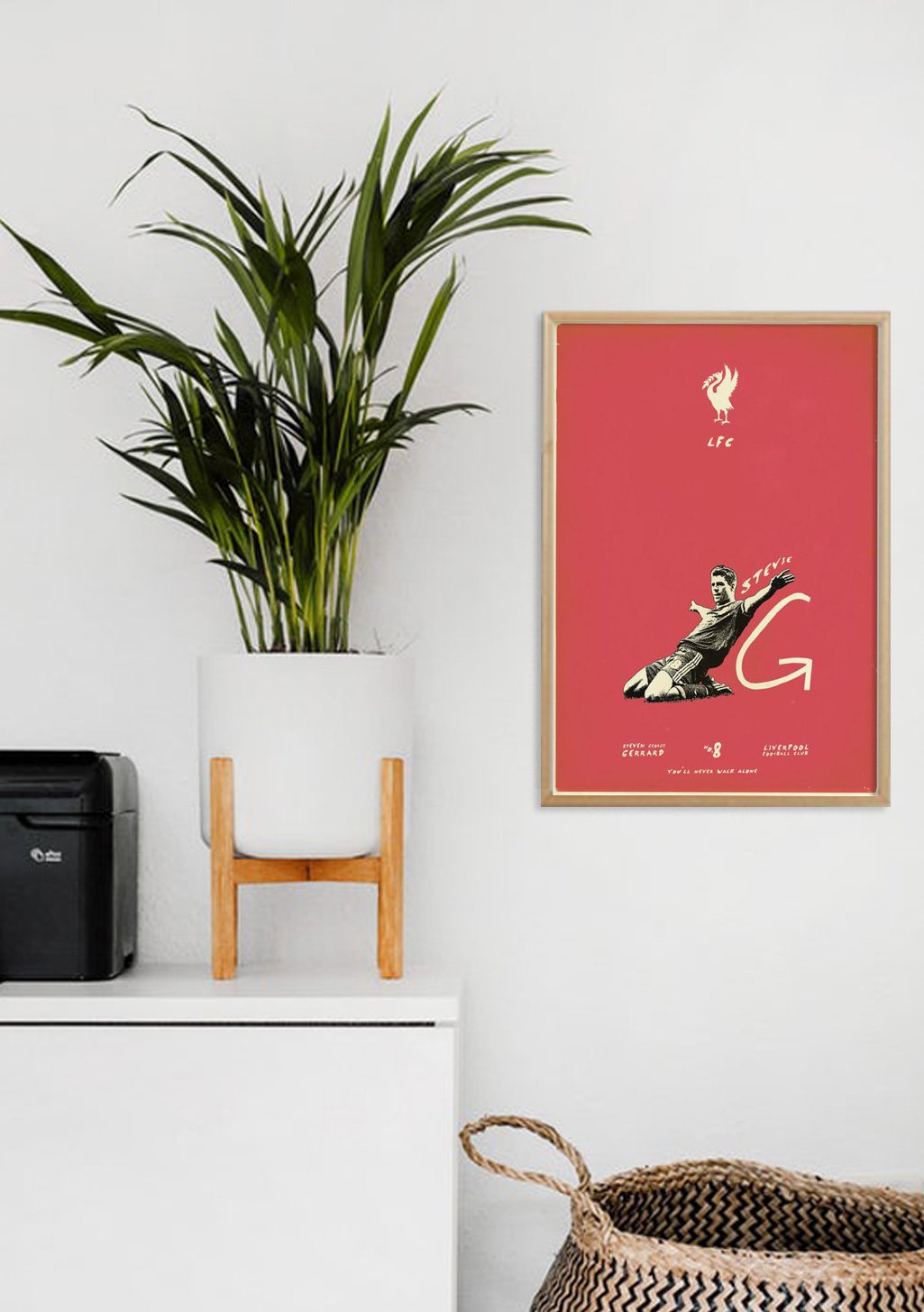 Poster rouge avec un oiseau et un joueur de football