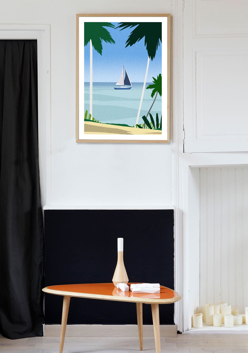 Poster plage voilier palmiers