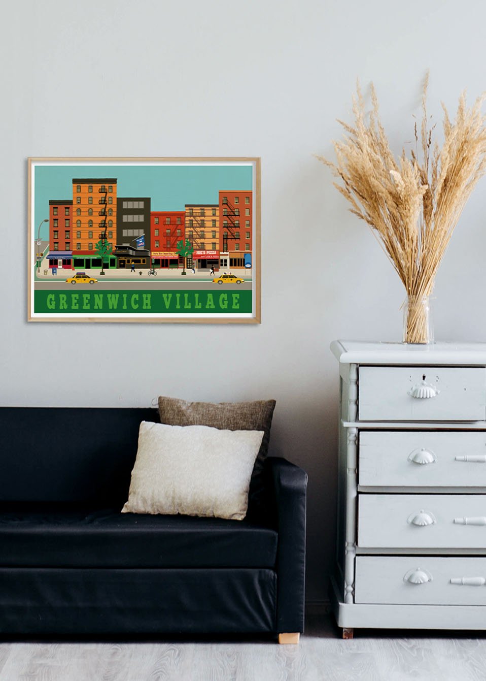 Poster de Greenwich Village, ville colorée, taxis jaunes, bâtiments