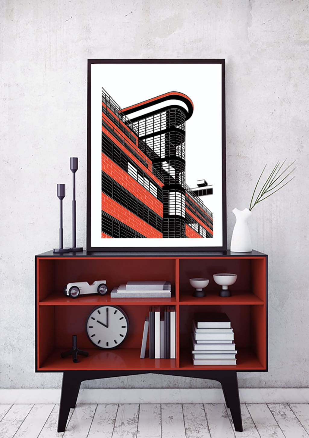 Bâtiment moderne, lignes géométriques, couleurs vives, design architectural