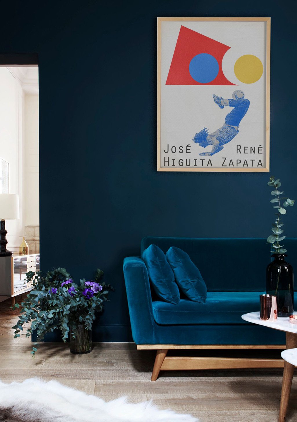 Art abstrait, homme bleu, balle rouge et jaune, texte José René Higuita Zapata