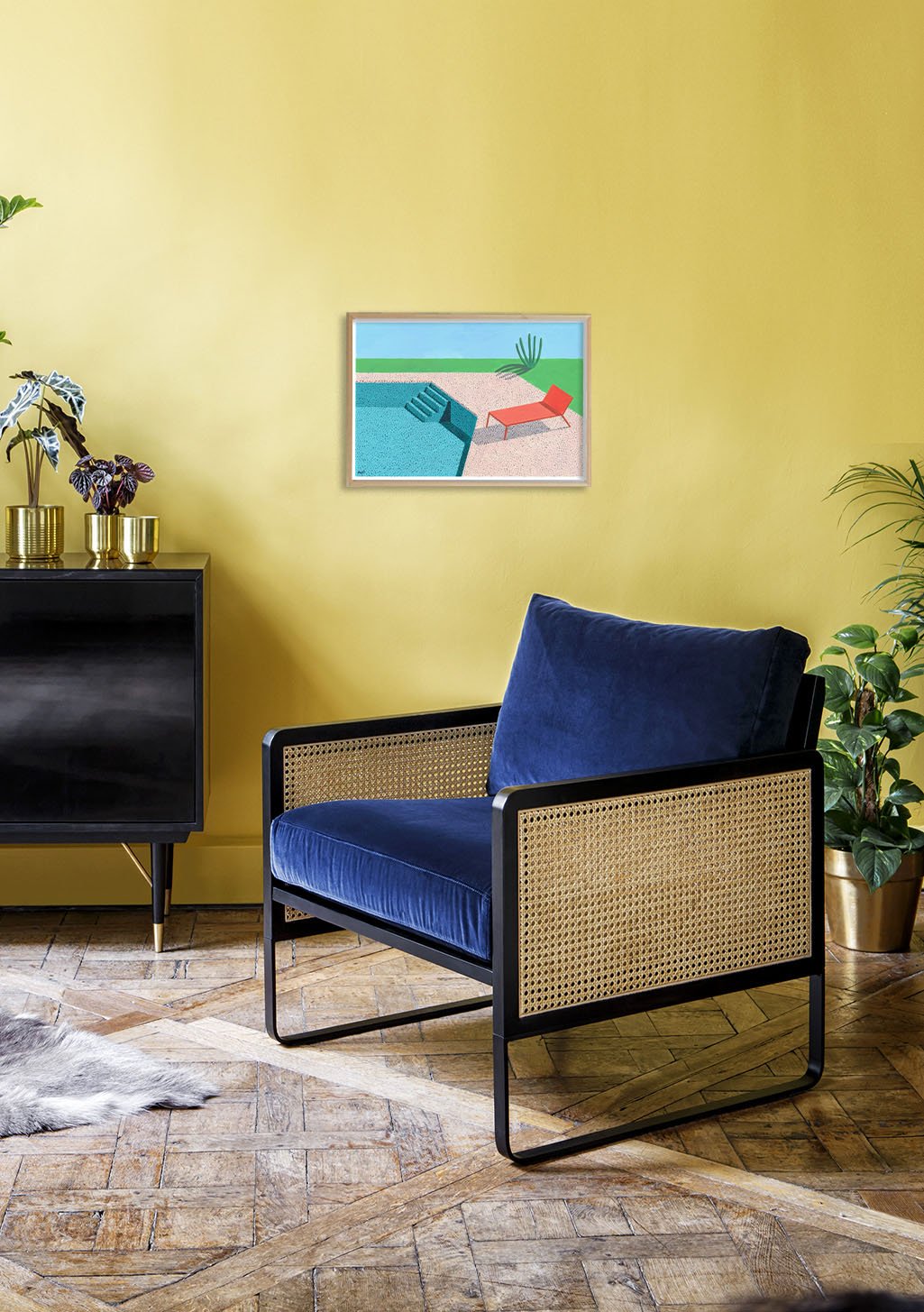 Poster plage avec chaises rouges et palmiers