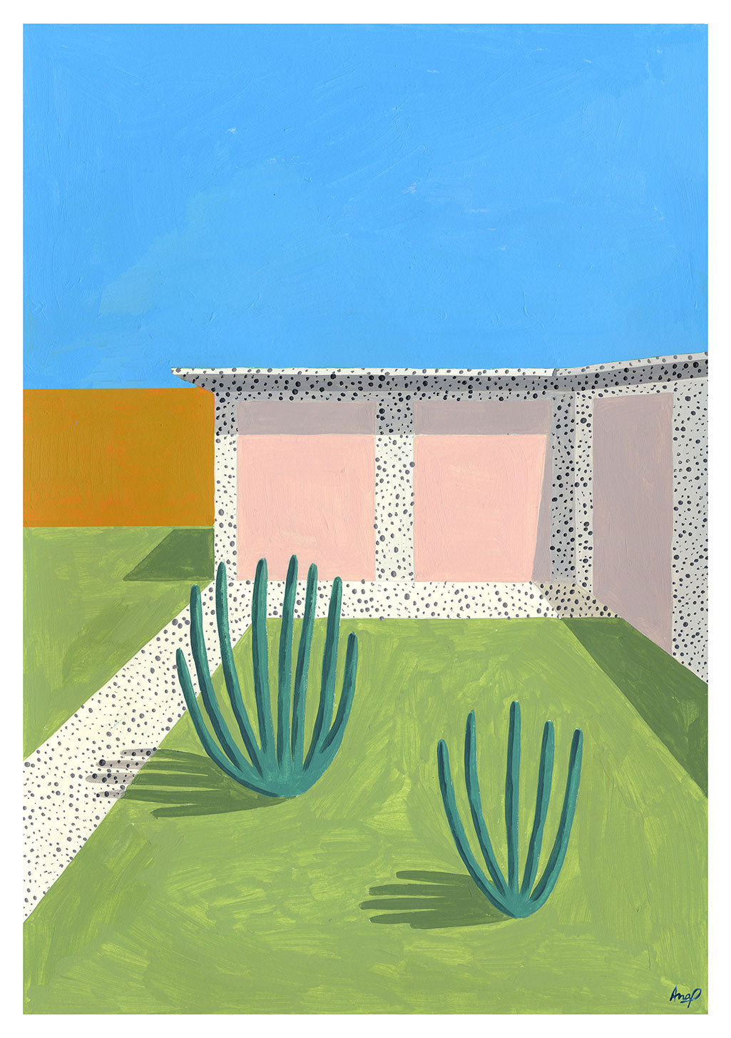 Art abstrait, maison, cactus, jardin, ciel bleu, structure, peinture, nature morte, moderne, couleurs vives, extérieur, design