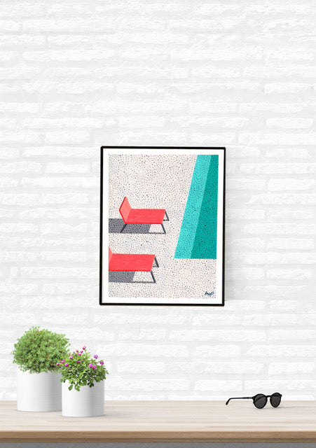 Poster avec chaises rouges et forme bleue
