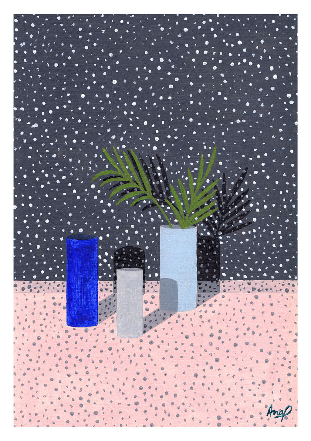 Tableau abstrait avec plantes en pot sur fond étoilé
