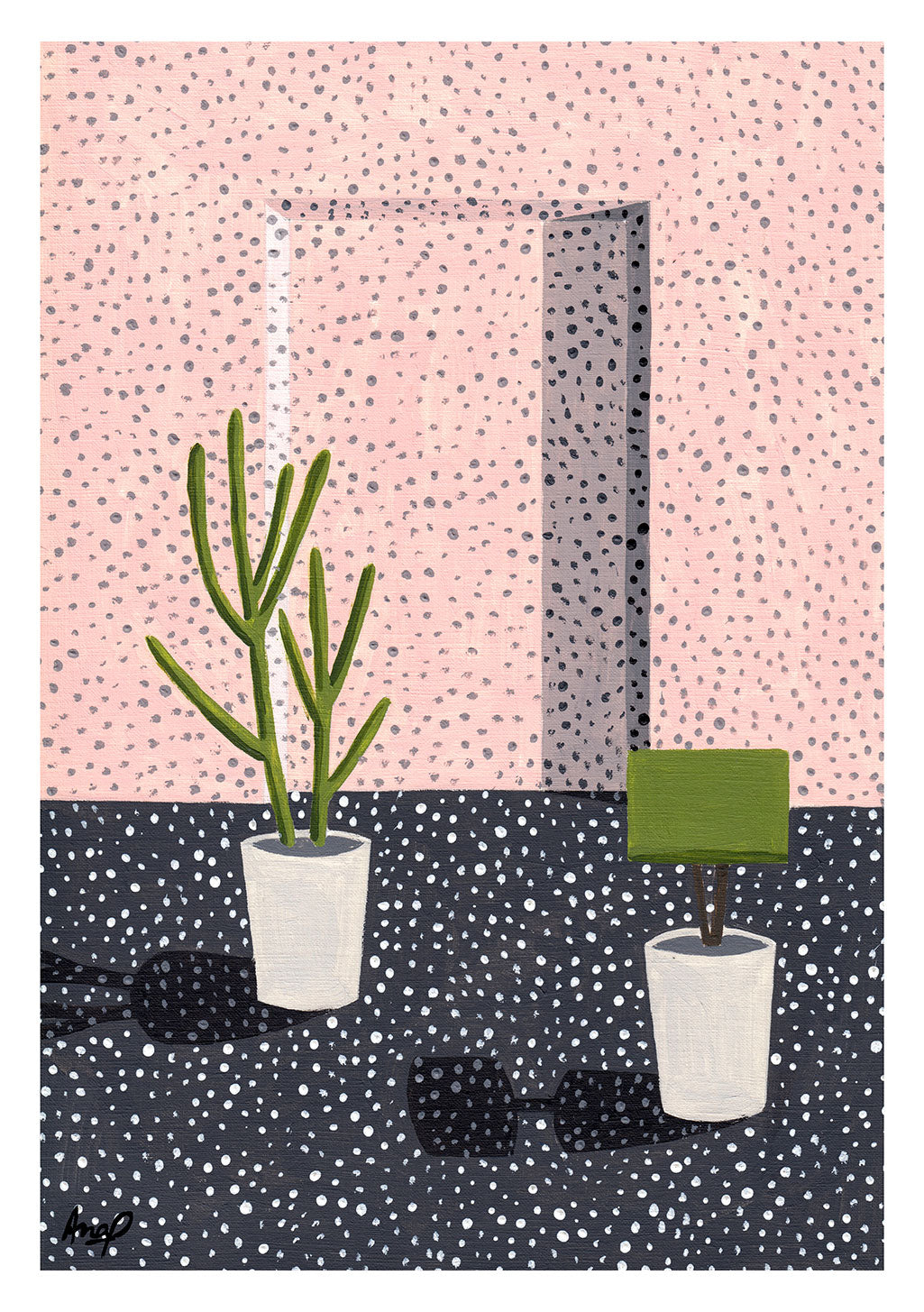 Plante en pot, mur avec pois, lampe verte, fond rose