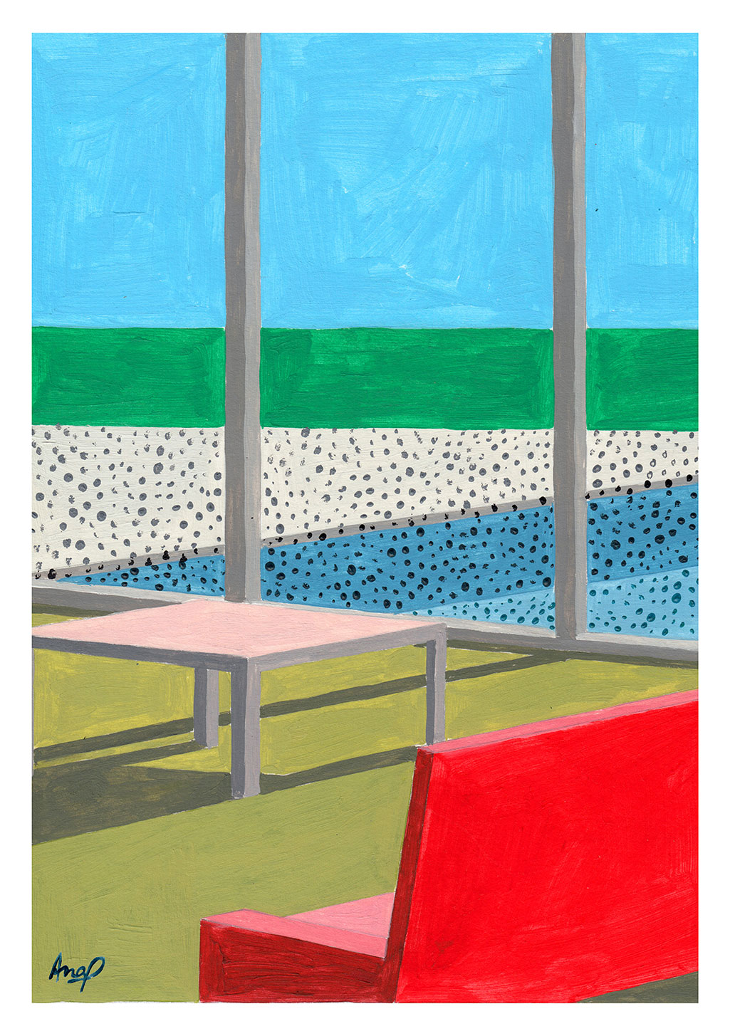 Tableau abstrait avec chaises rouges, table rose, fenêtres colorées
