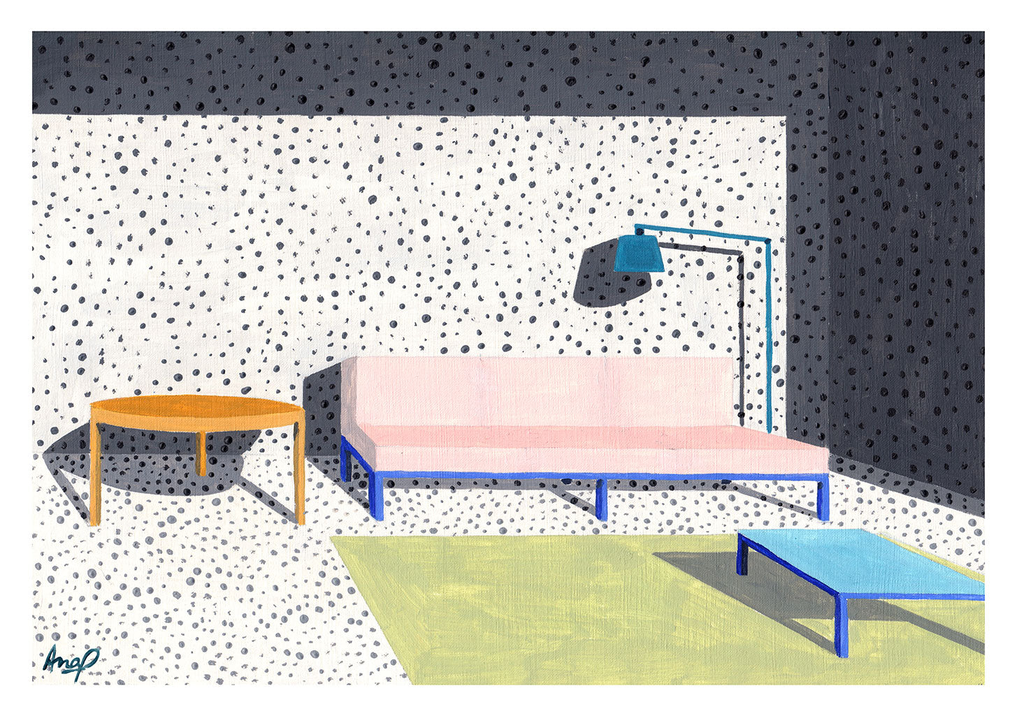Chambre moderne, lit rose, table basse, lampe bleue, murs tachetés
