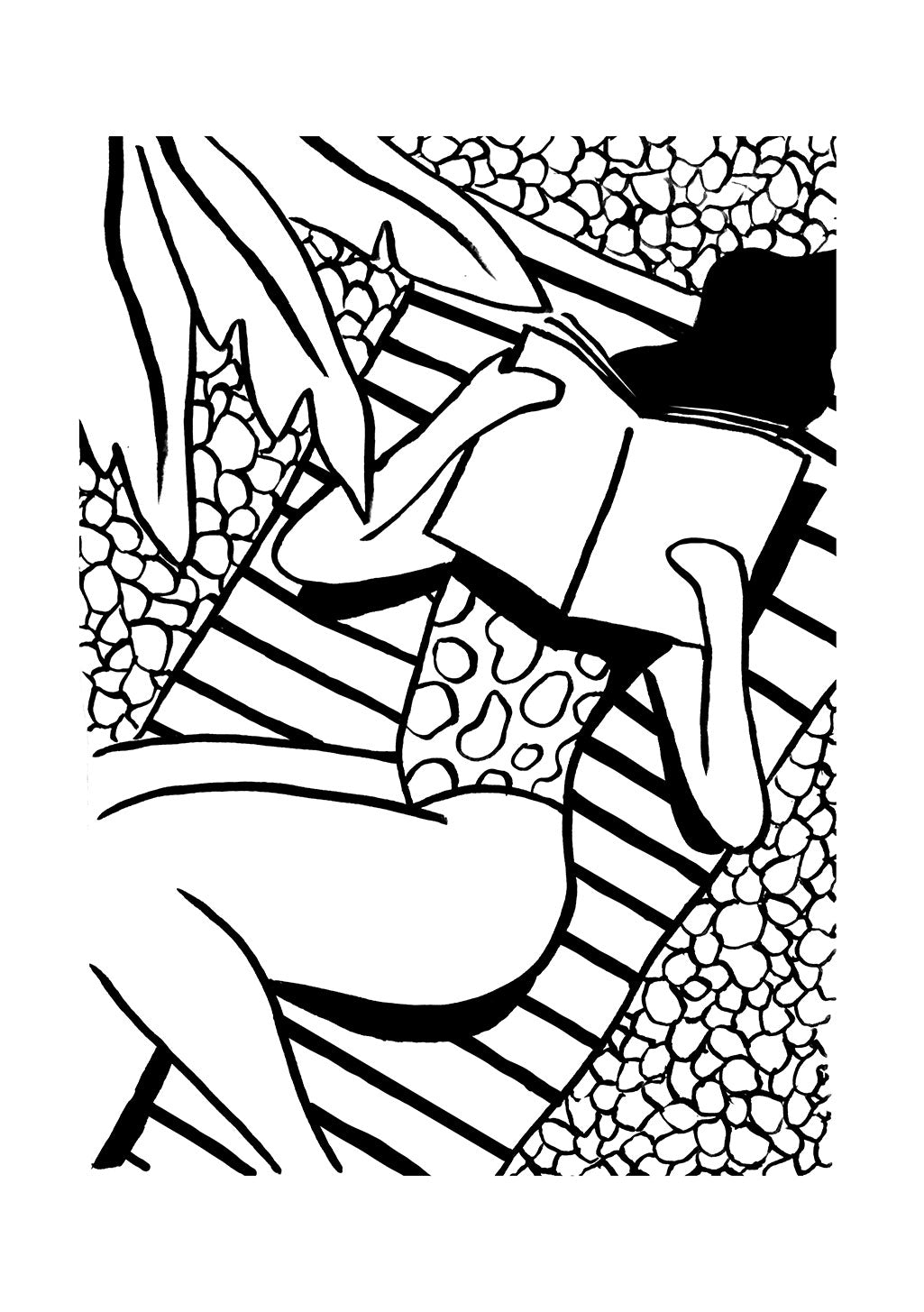 Dragon stylisé, ailes déployées, motif de peau texturée, noir et blanc