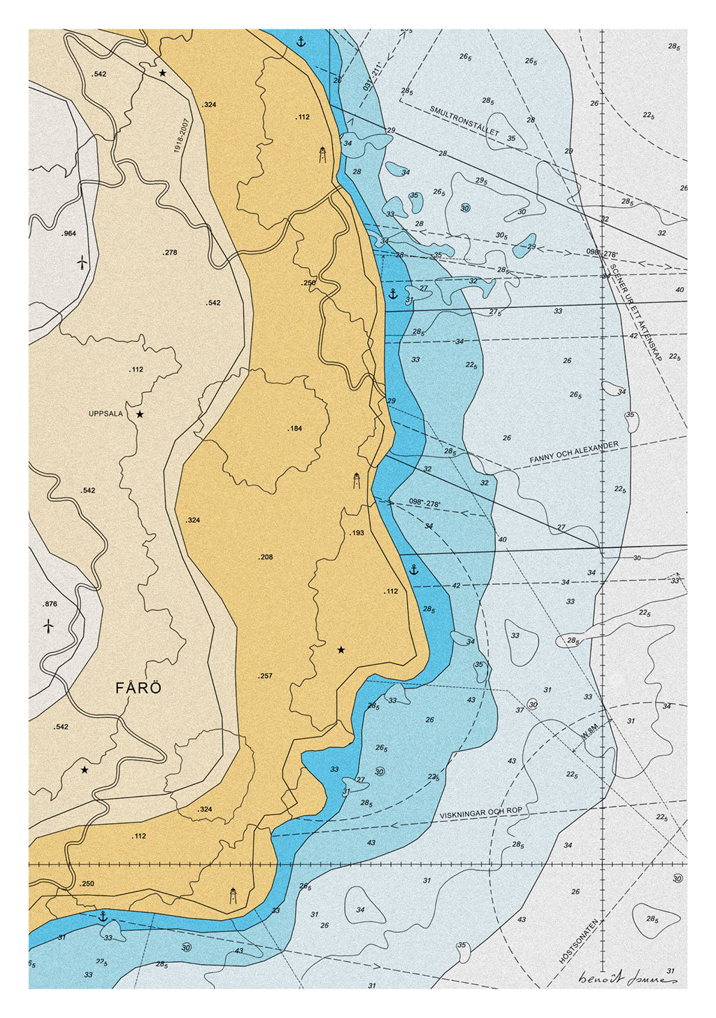 Carte de Faro, lignes de profondeur, contours de la côte, points de repère, lignes de navigation