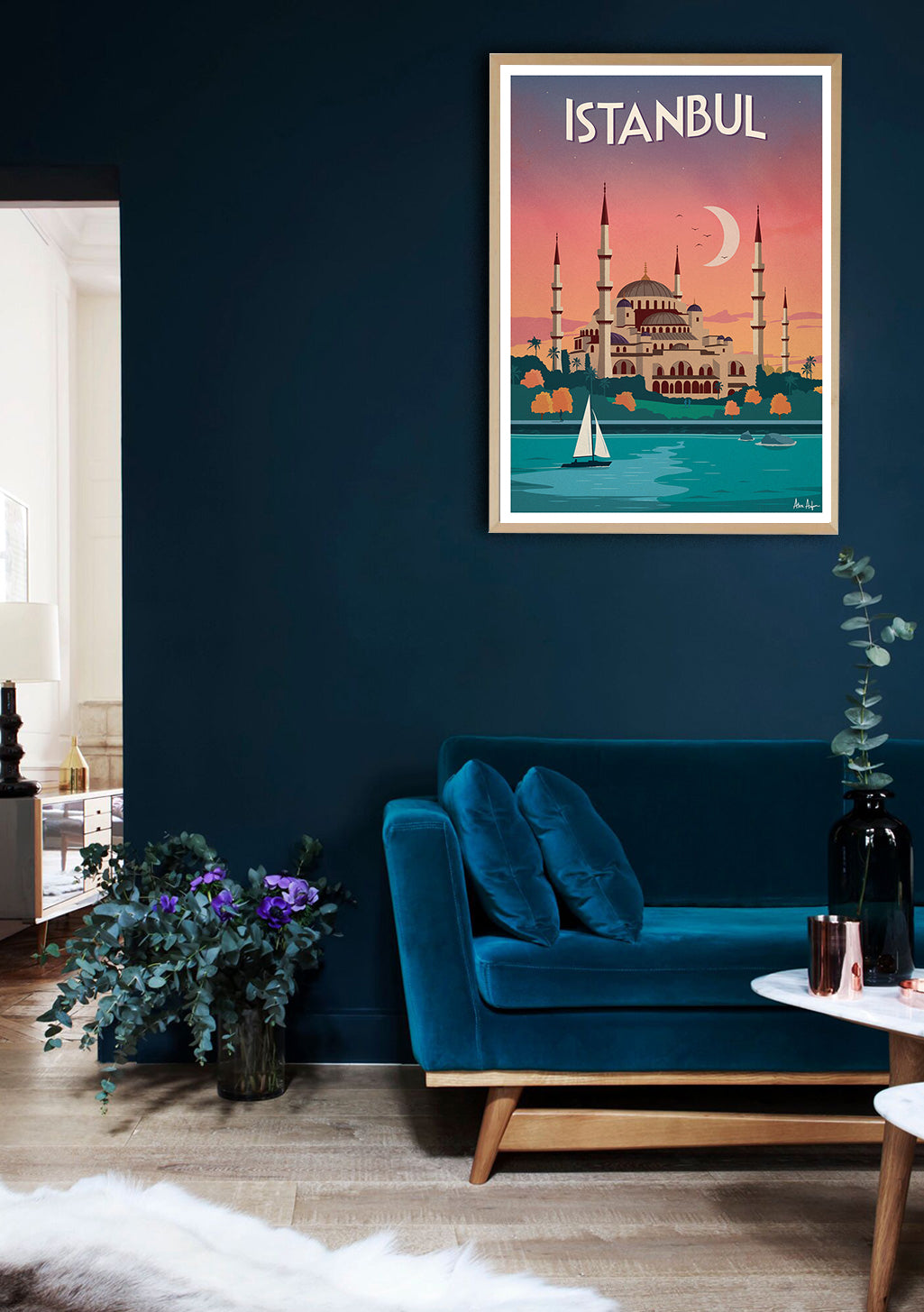 Poster d'Istanbul, mosquée, coucher de soleil, bateau, eau, ville