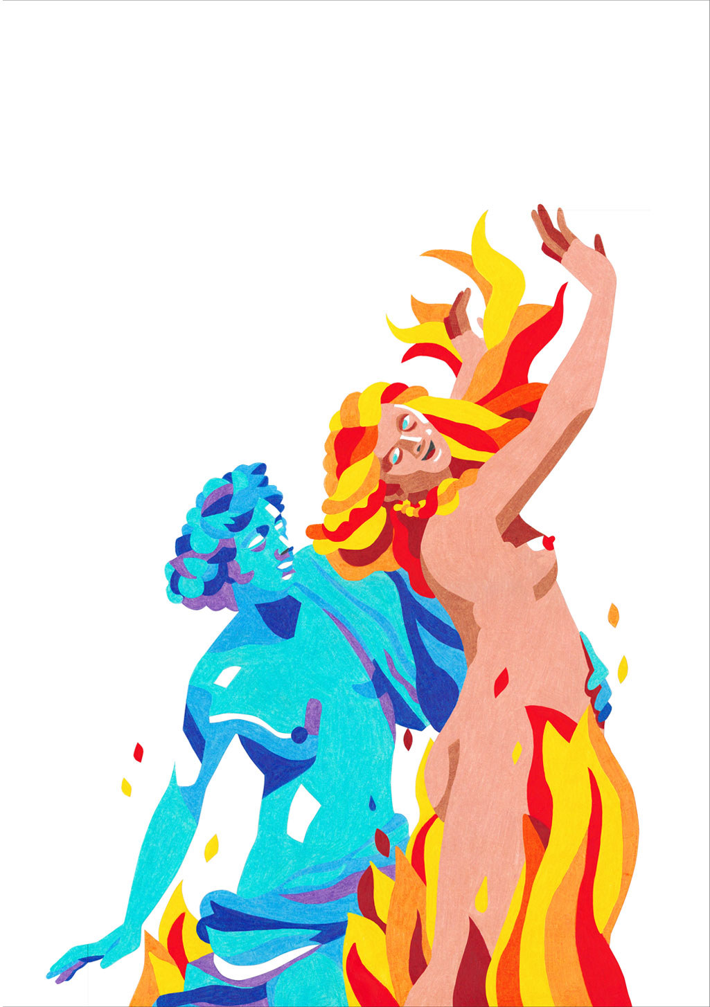 Illustration vibrante de deux figures, une bleue et une enflammée, en interaction dynamique.