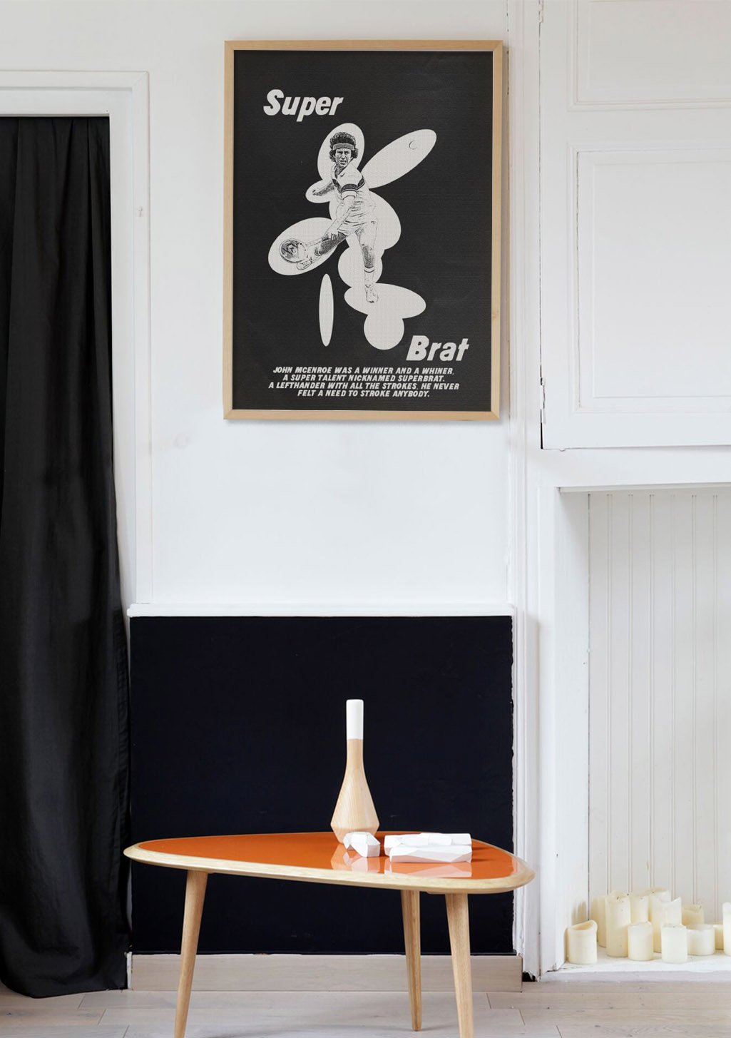 Poster Super Brat, homme jouant de la batterie, texte blanc sur fond noir