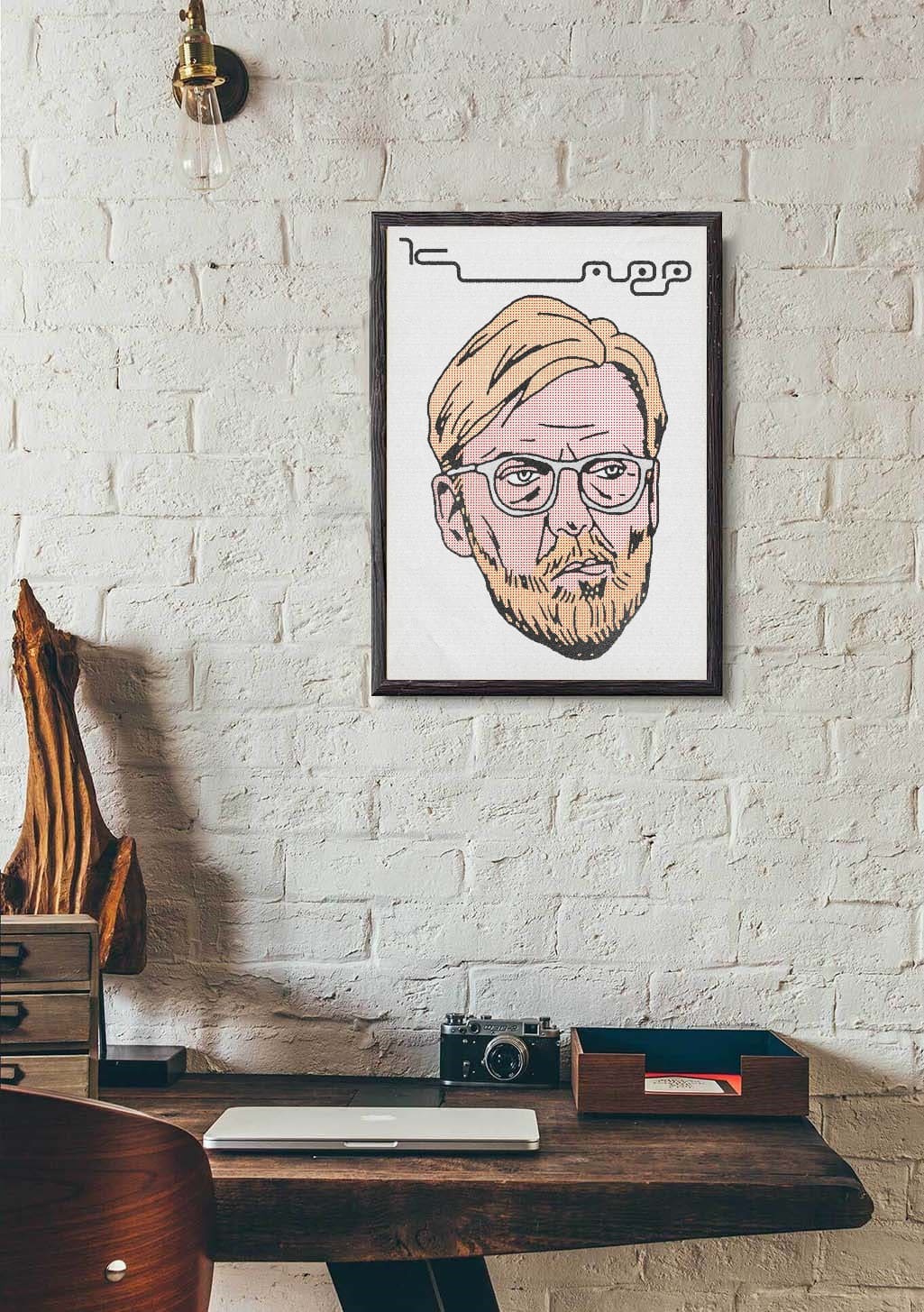 Homme avec lunettes et barbe, style artistique, cadre noir