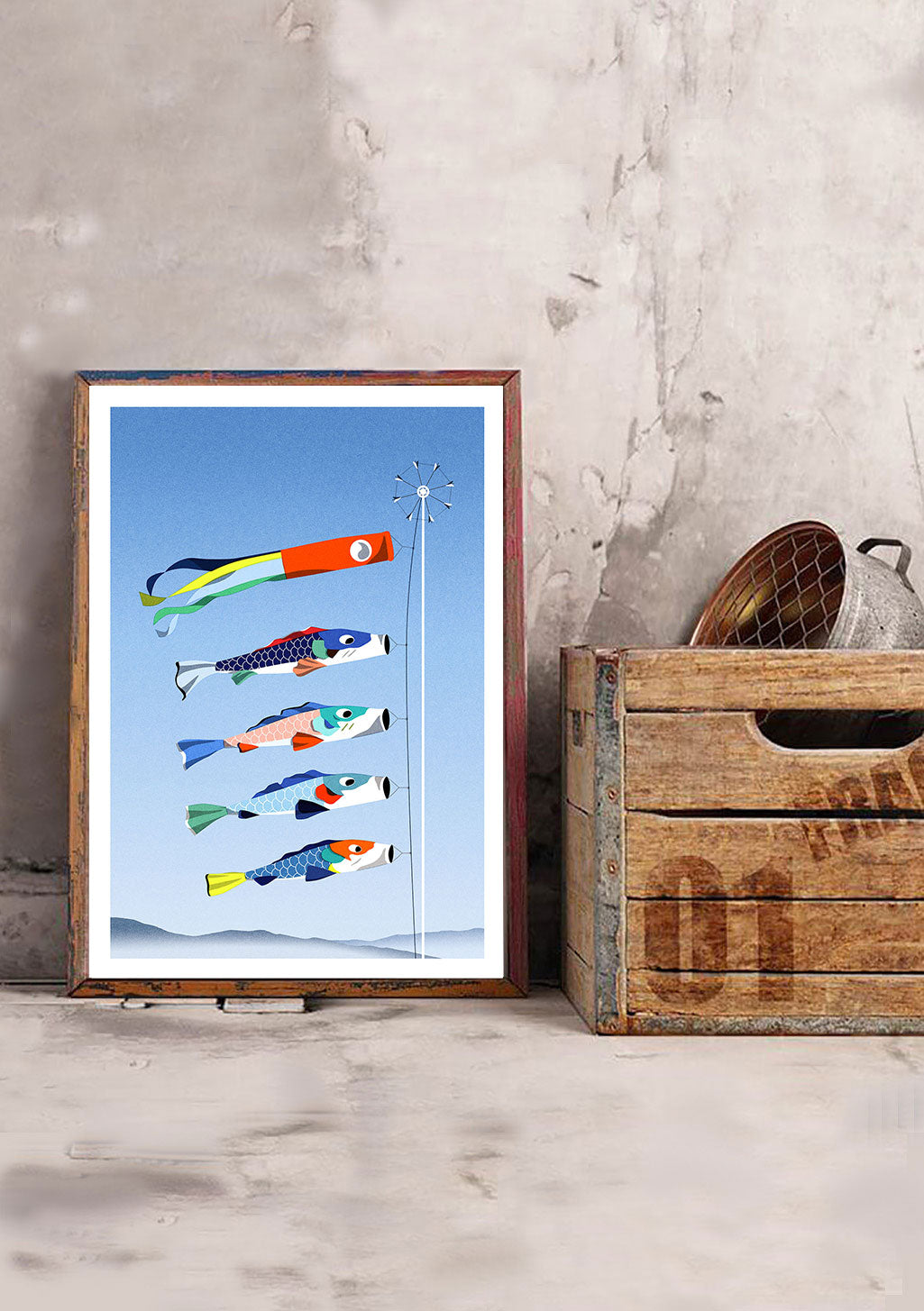 Poissons volants colorés, vent, ciel bleu, ligne, mât, art moderne