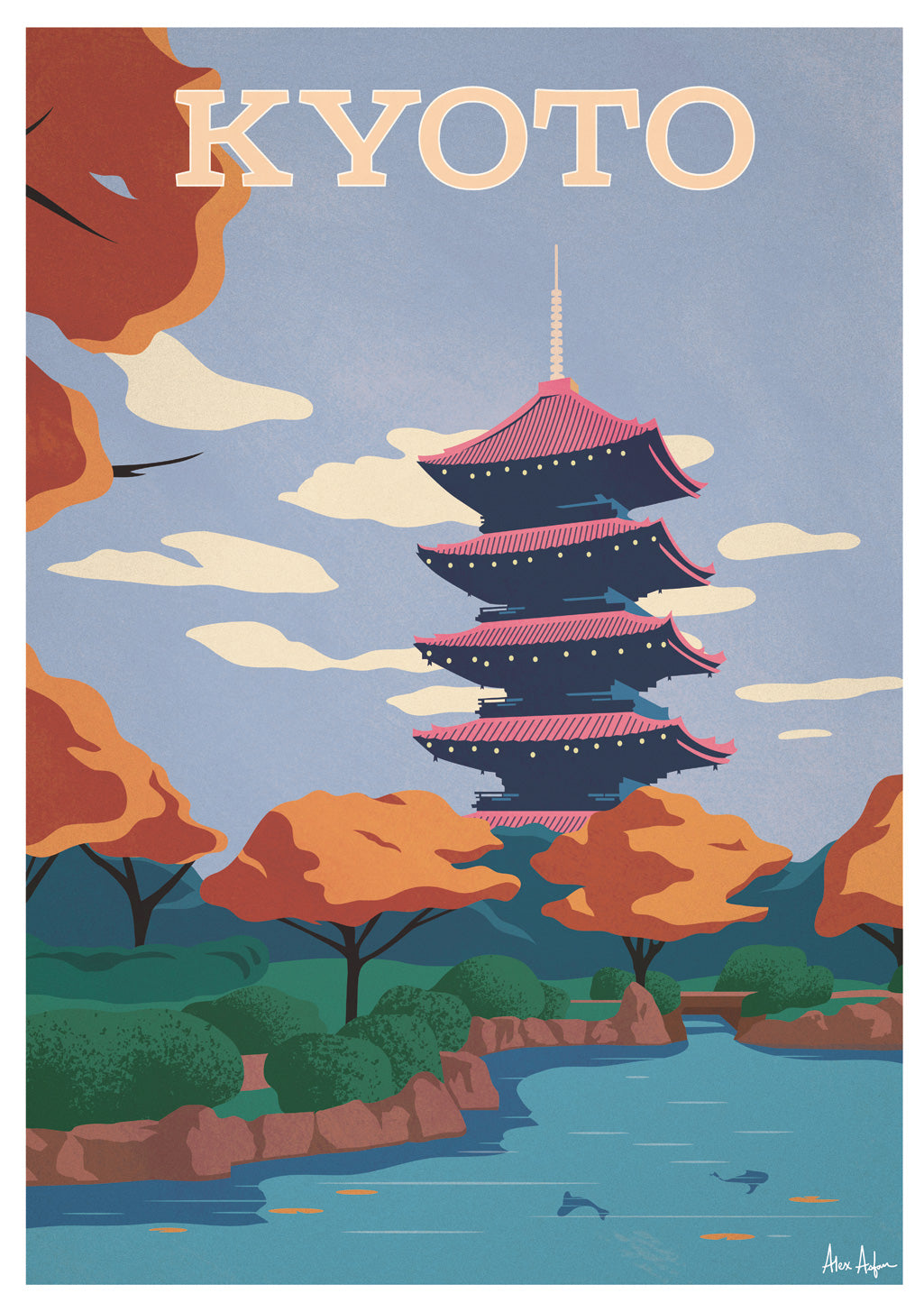 Pagode Kyoto, rivière, arbres automnaux, ciel bleu, texte en haut