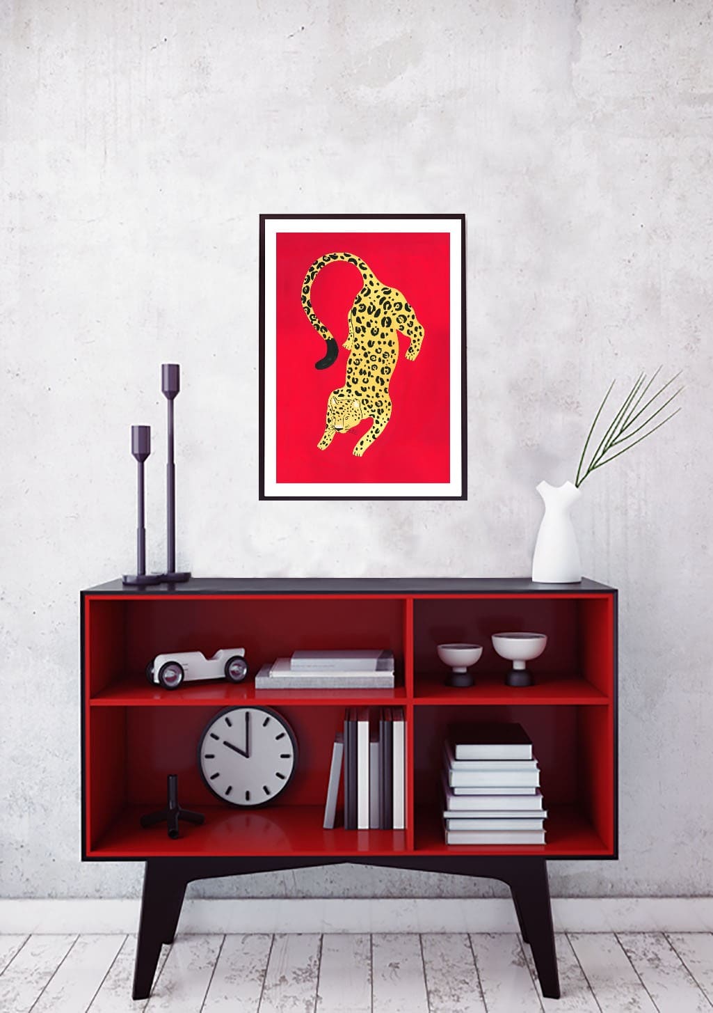 Poster rouge avec jaguar jaune stylisé