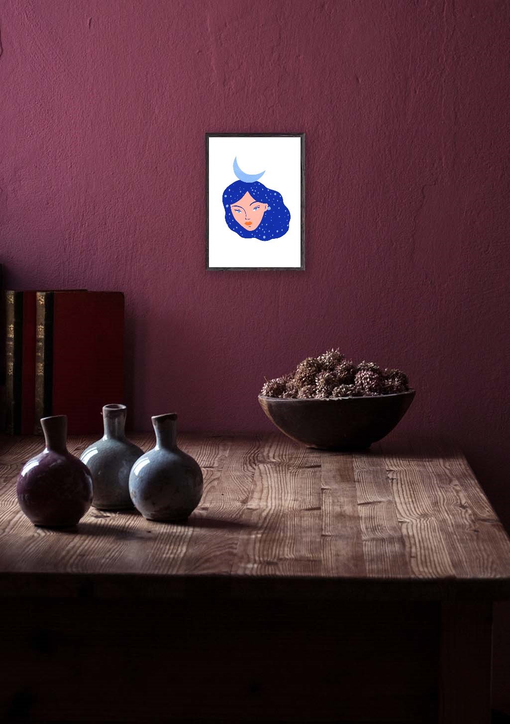 Femme aux cheveux, lune, art moderne