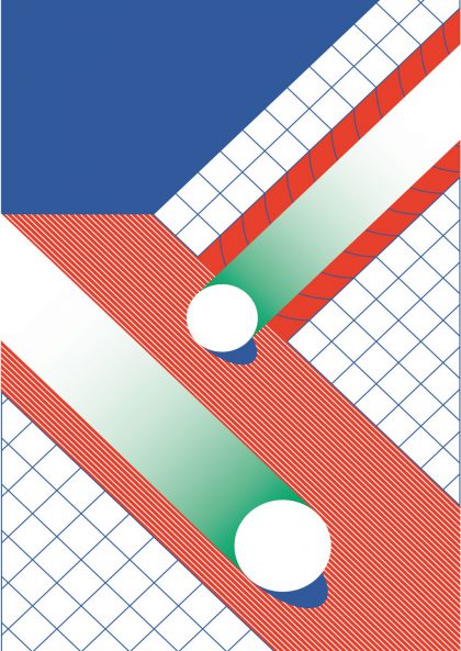 Formes géométriques colorées, lignes diagonales, cercles blancs, fond à grille