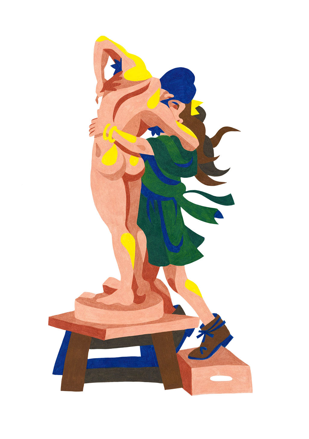 Femme sculptant une statue, couleurs vives, atelier d'artiste