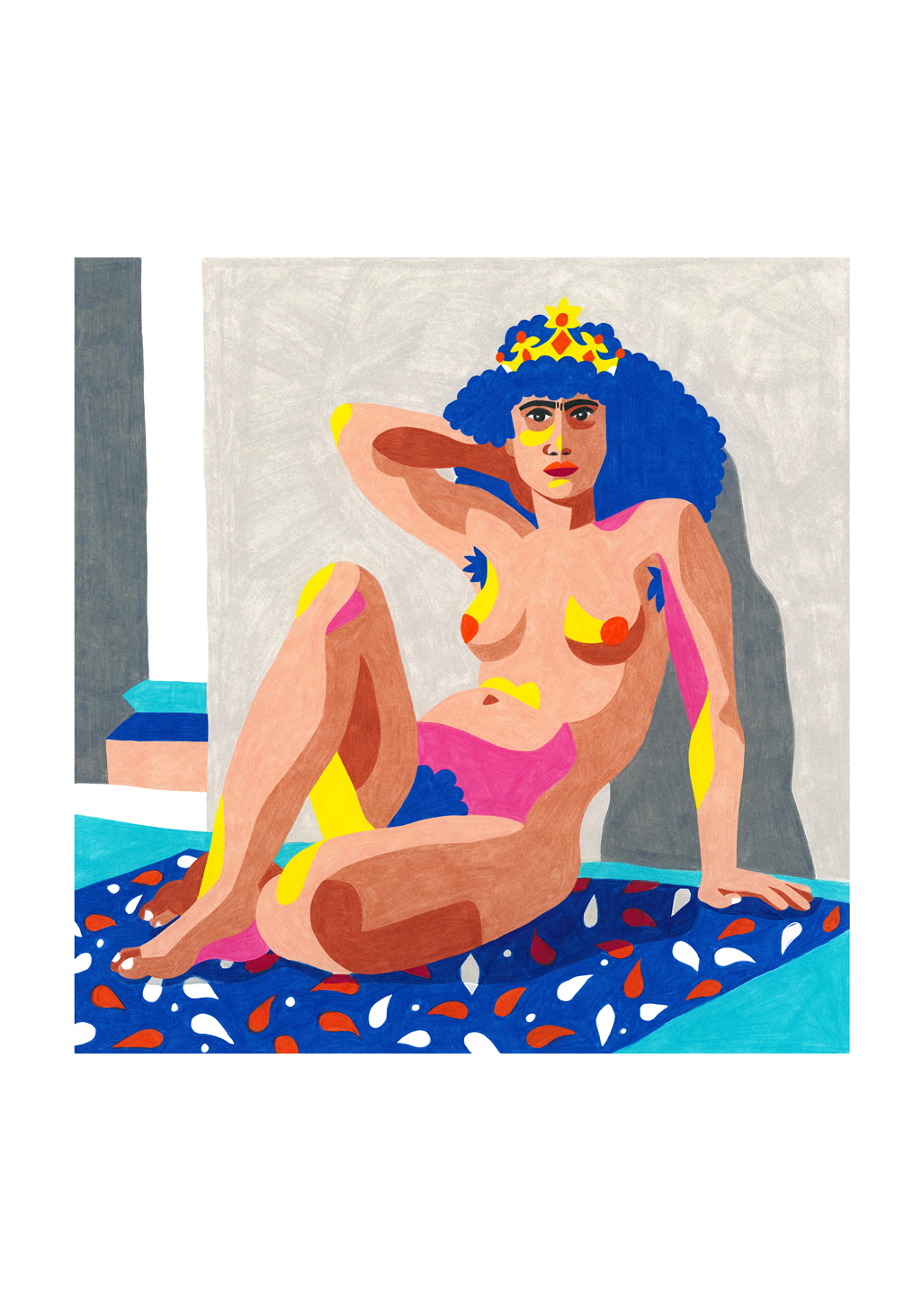 Femme nue avec cheveux, assis sur un lit coloré