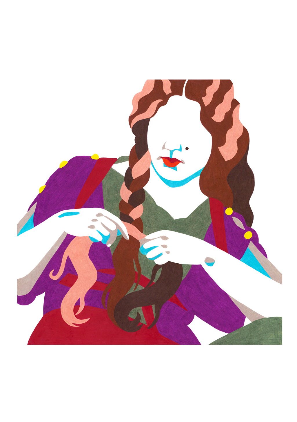 Illustration stylisée d'une femme aux longs cheveux, mains jointes