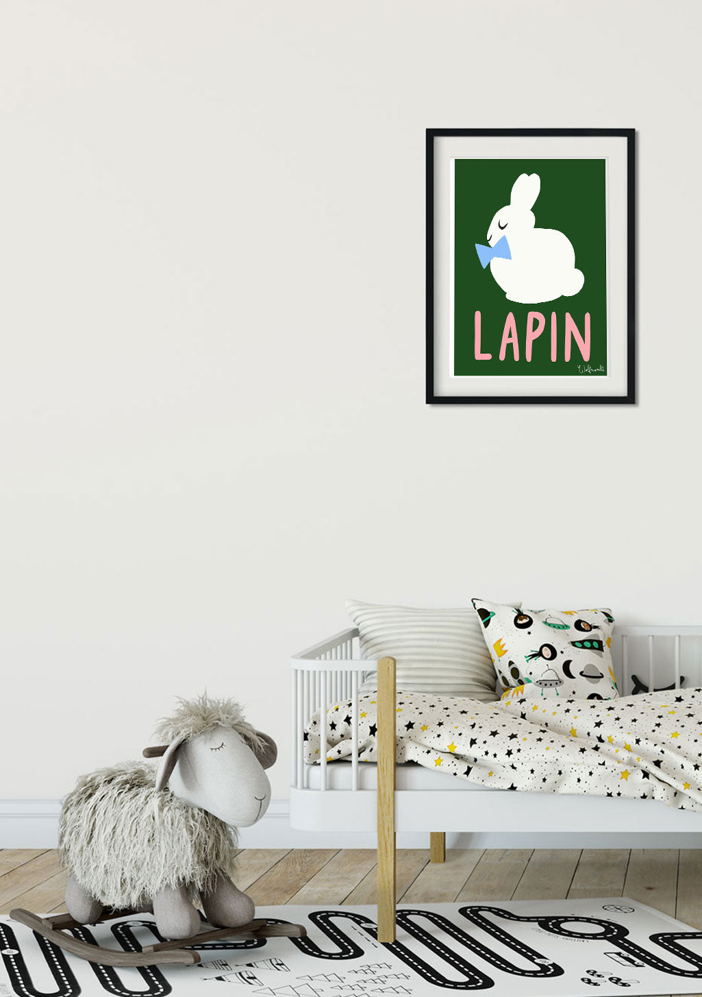 Lapin vert avec nœud bleu, texte rose LAPIN