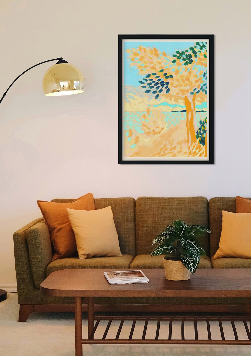 Arbre jaune, ciel bleu, peinture abstraite