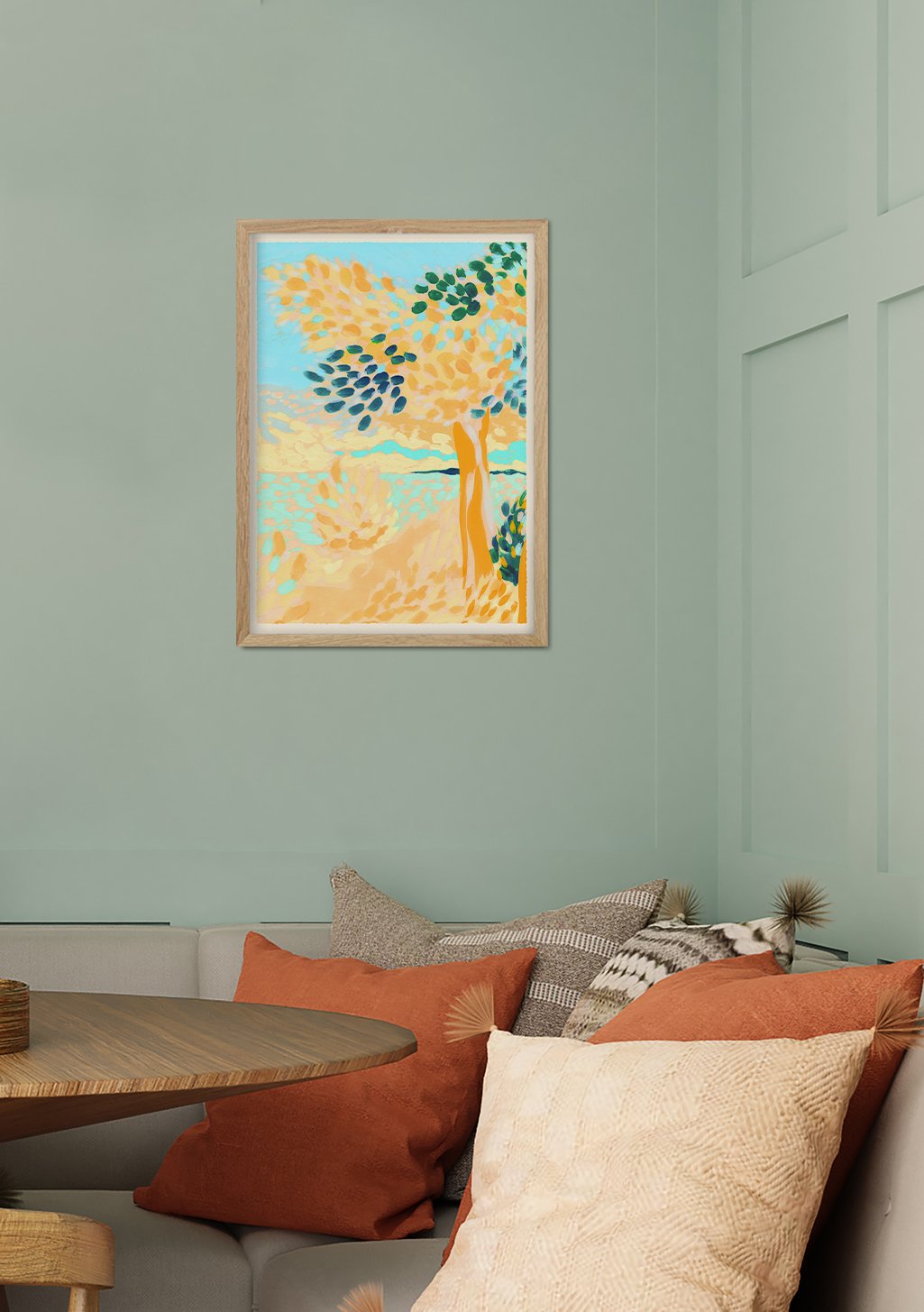 Arbre jaune, ciel bleu, peinture abstraite