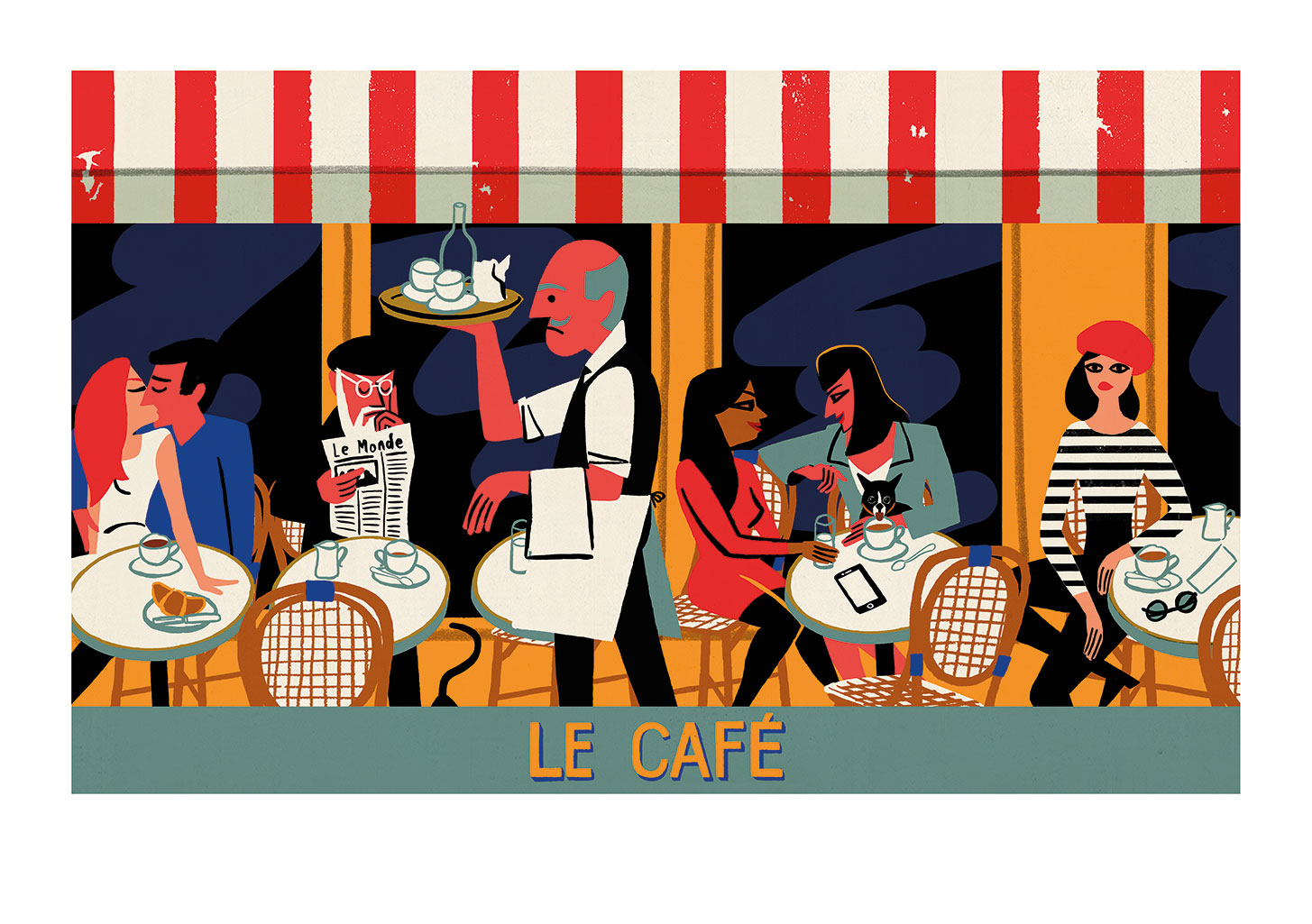 Café français, serveurs, clients, nourriture, boissons, ambiance décontractée