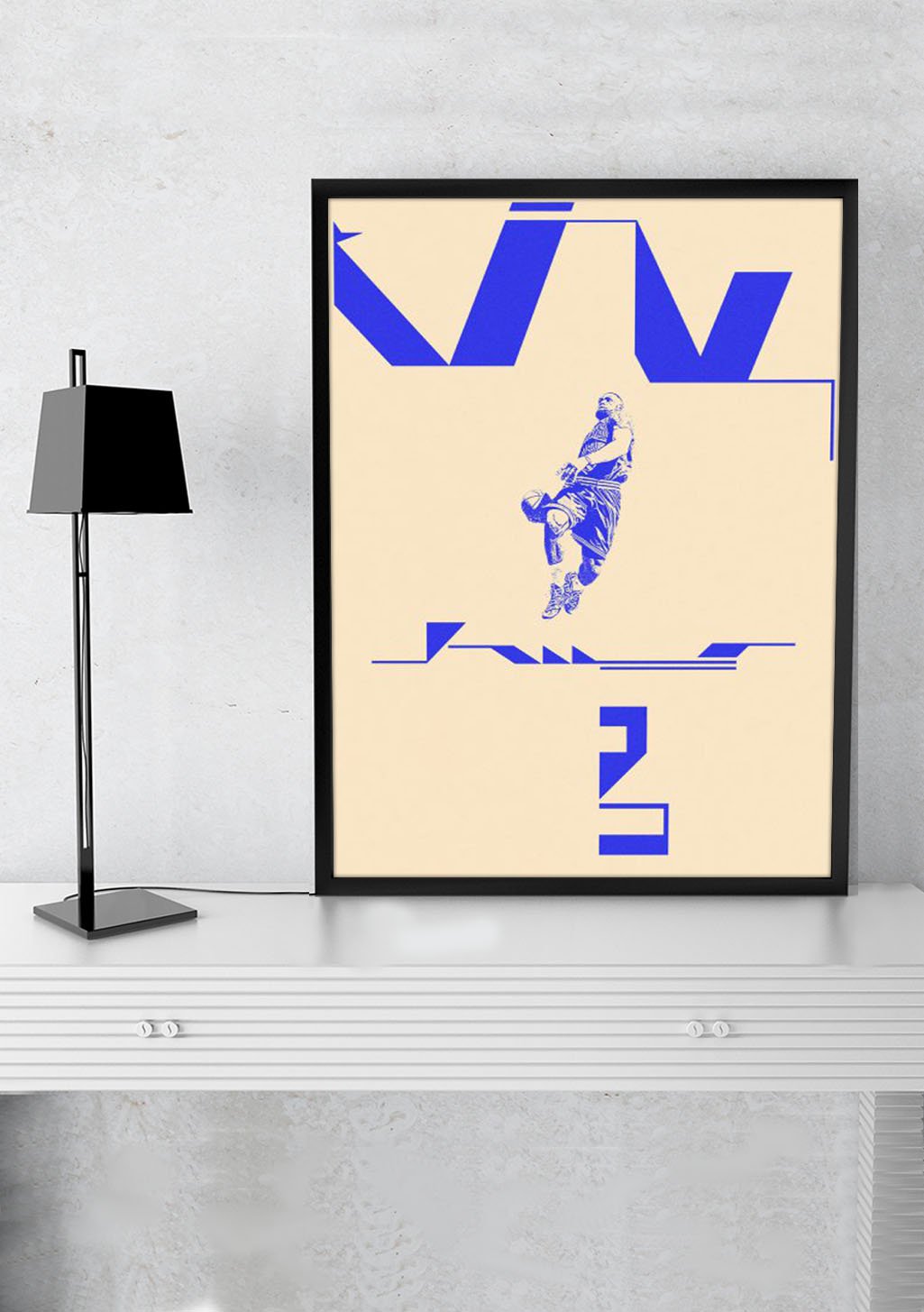 Art minimaliste bleu et jaune, joueur de basket-ball, numéro 2, lignes géométriques