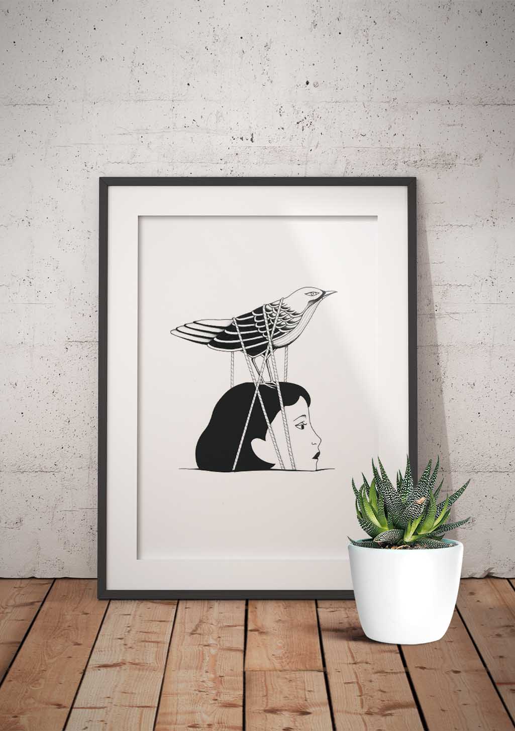 Oiseau sur tête de femme, illustration en noir et blanc
