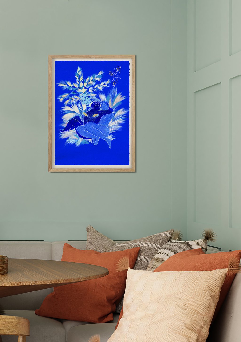 Art abstrait bleu fleurs cadre bois